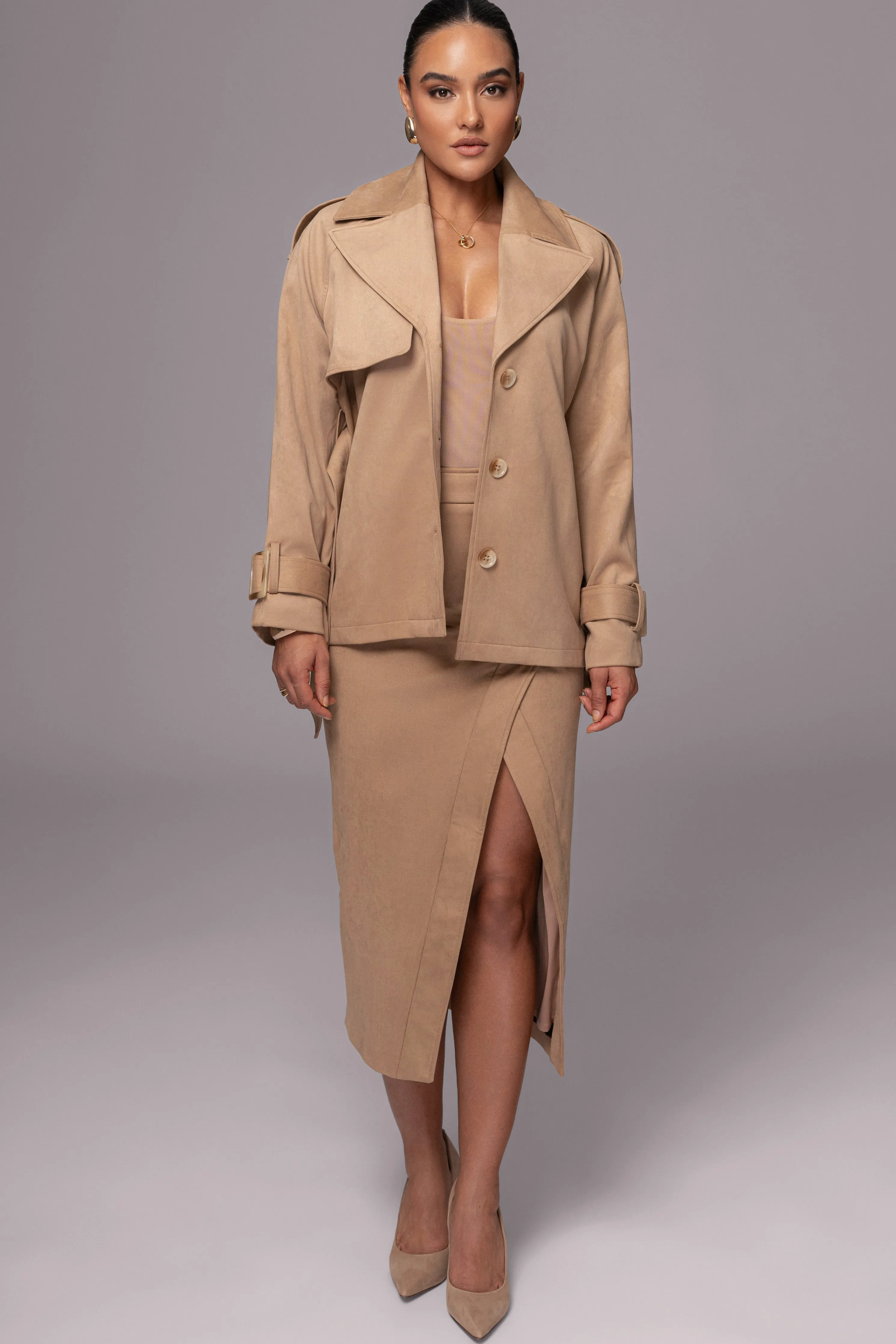 Beige Audrey Suede Midi Skirt