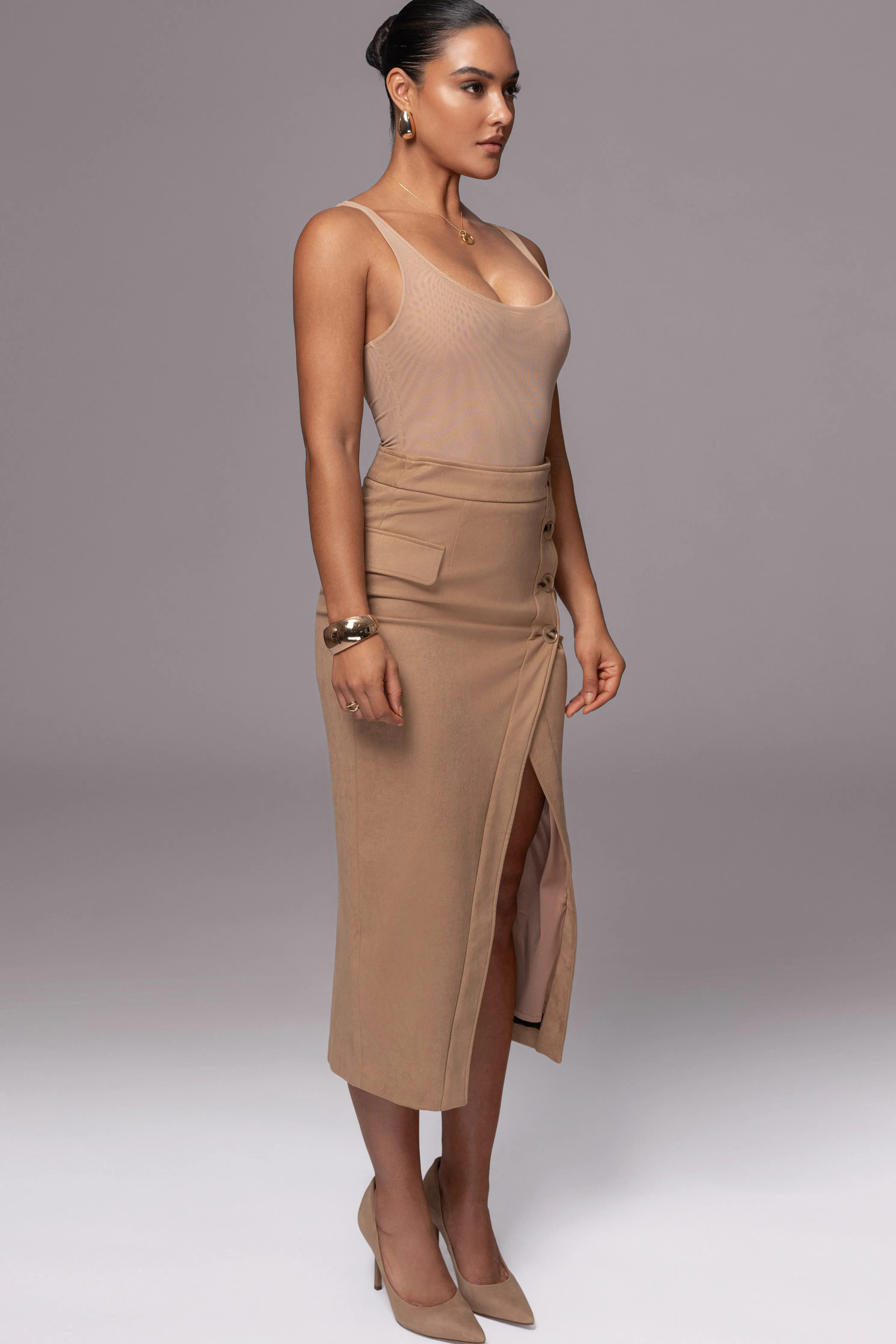 Beige Audrey Suede Midi Skirt