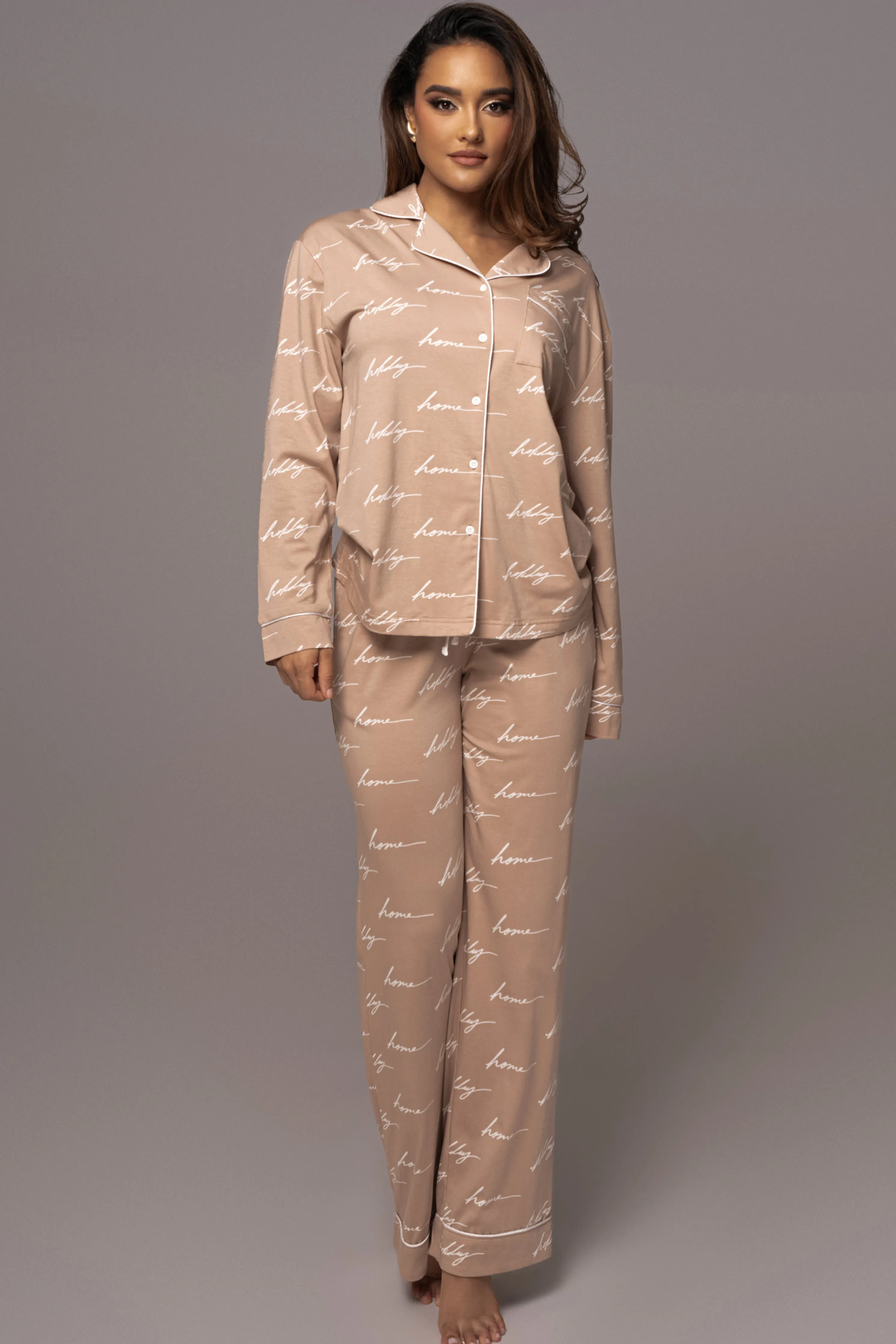 Beige Home For The Holidays Adult Pajama Set