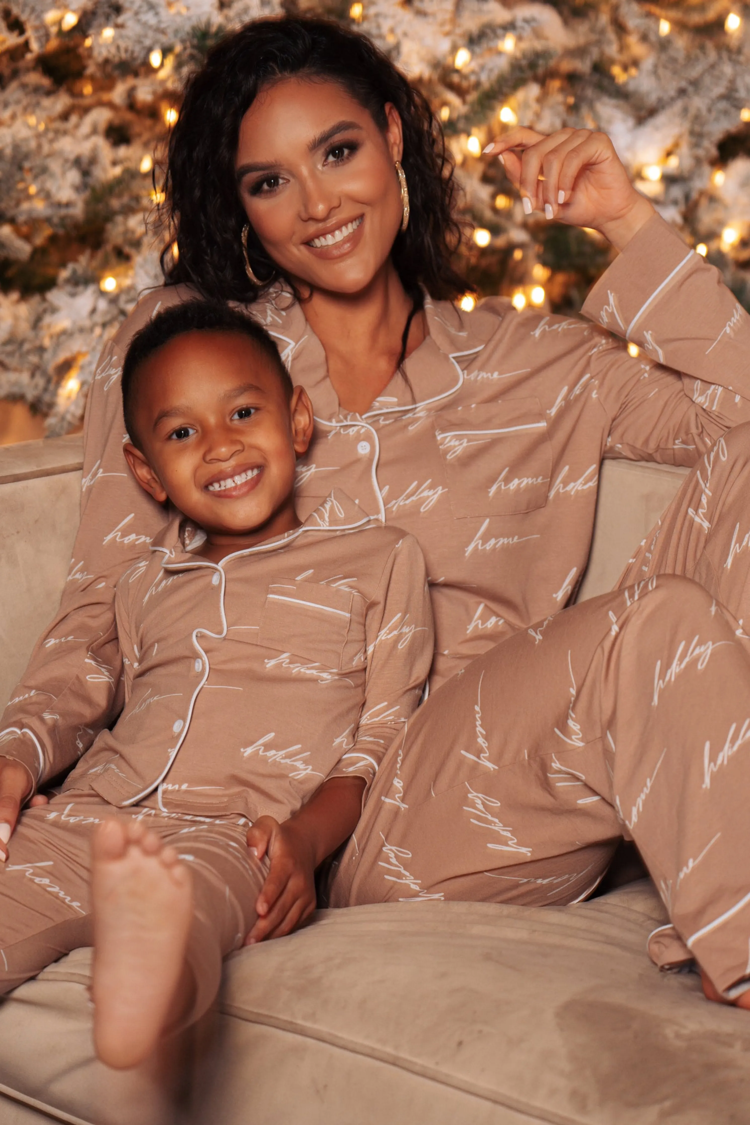 Beige Home For The Holidays Kids Pajama Set