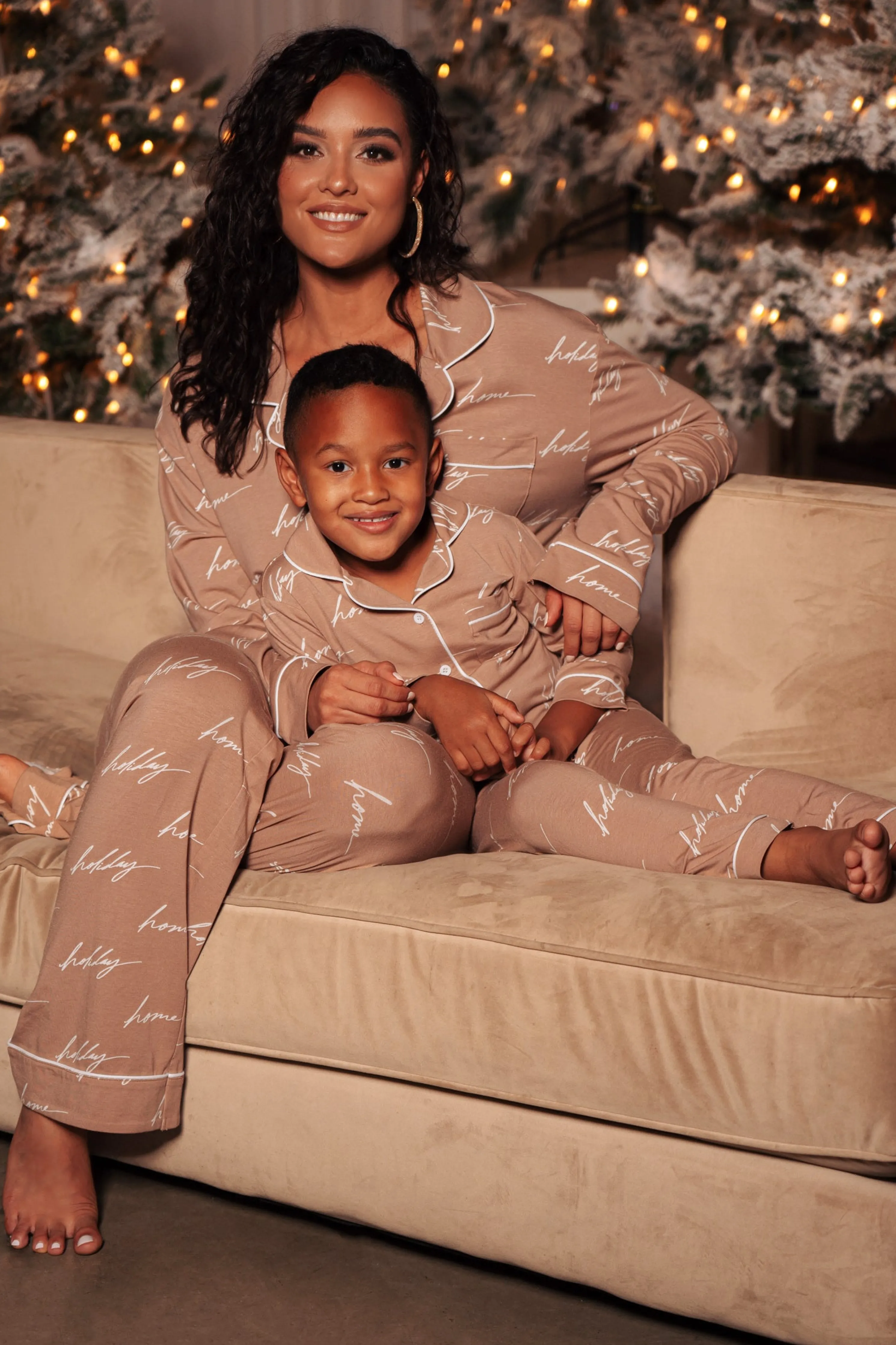 Beige Home For The Holidays Kids Pajama Set