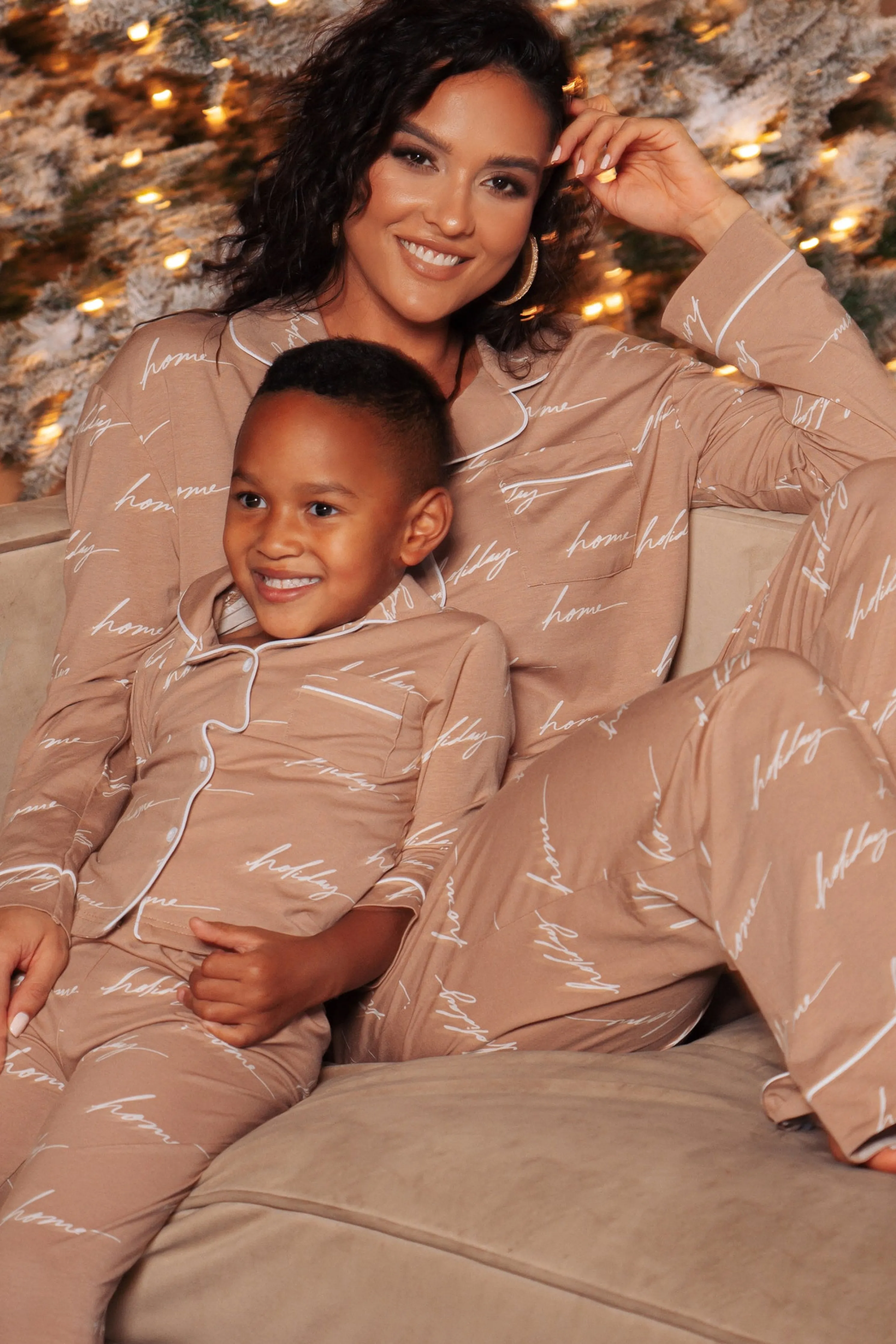 Beige Home For The Holidays Kids Pajama Set
