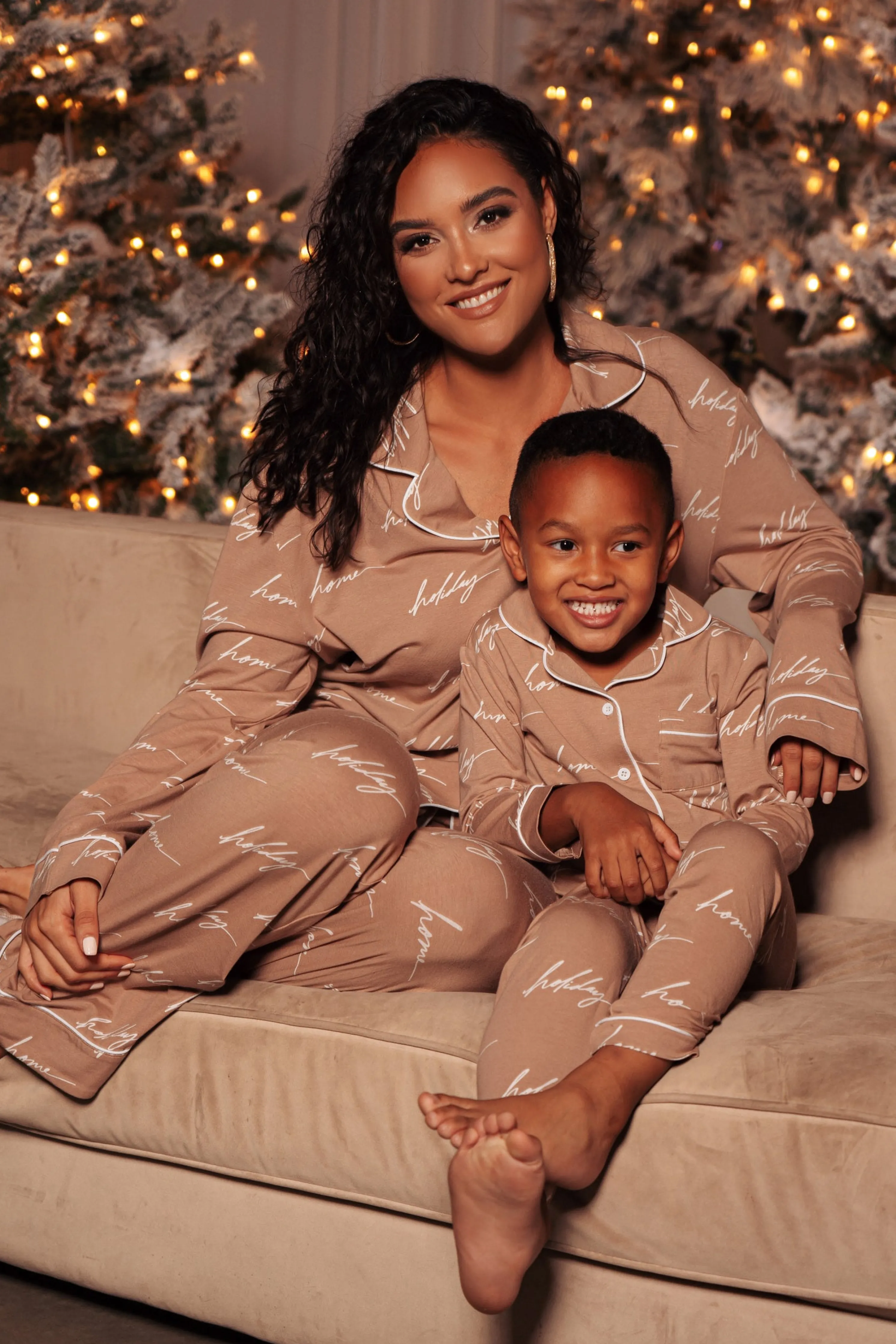 Beige Home For The Holidays Kids Pajama Set