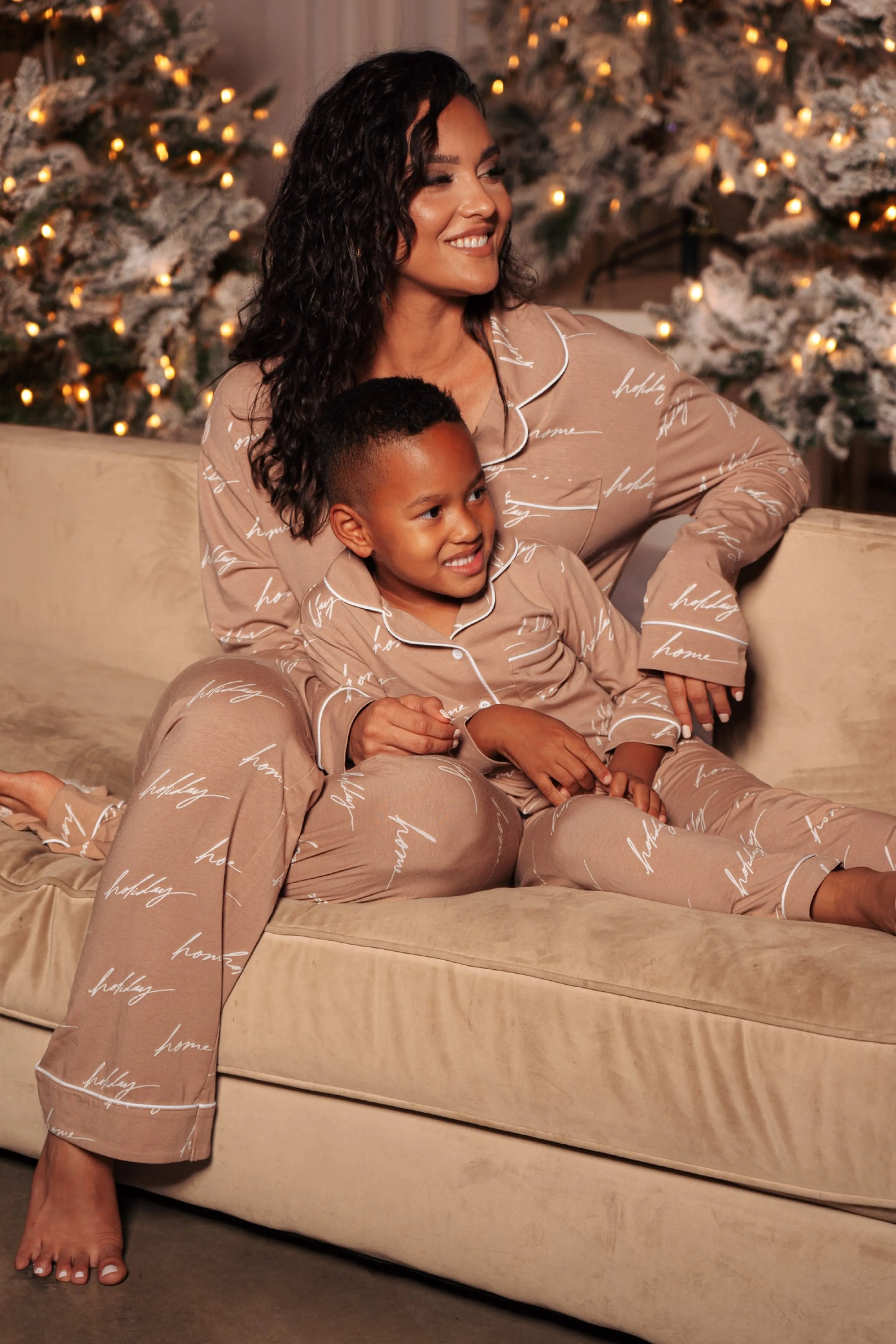 Beige Home For The Holidays Kids Pajama Set