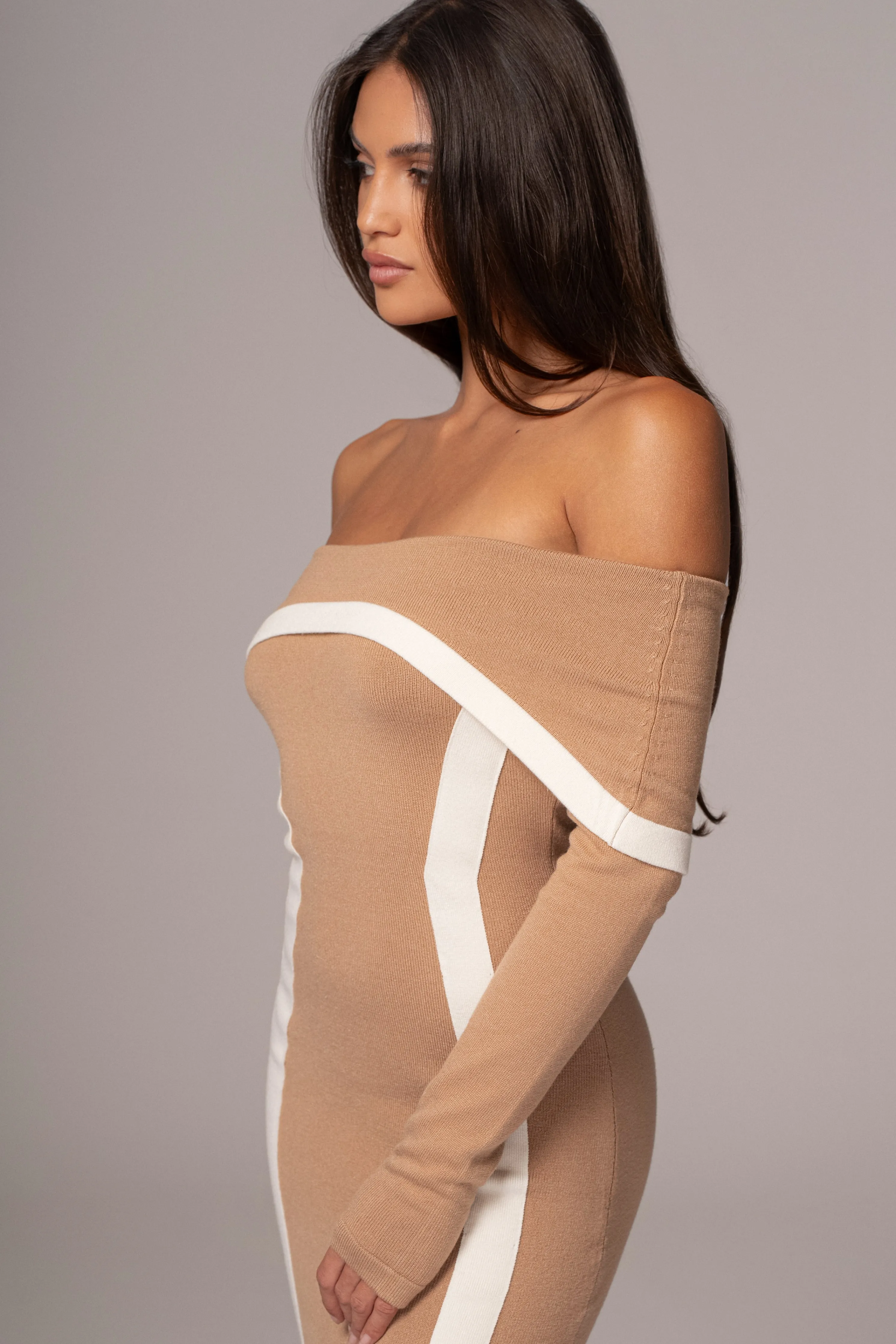Beige Janet Off Shoulder Maxi Dress