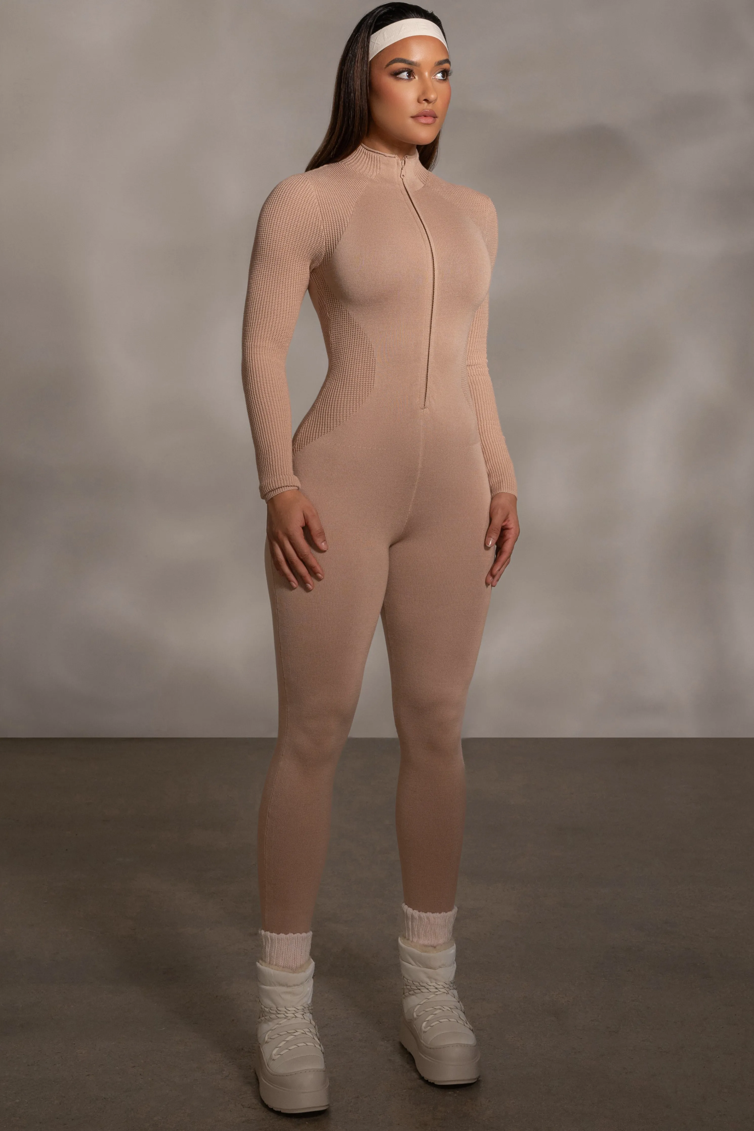 Beige Kris Front Zipper Jumpsuit