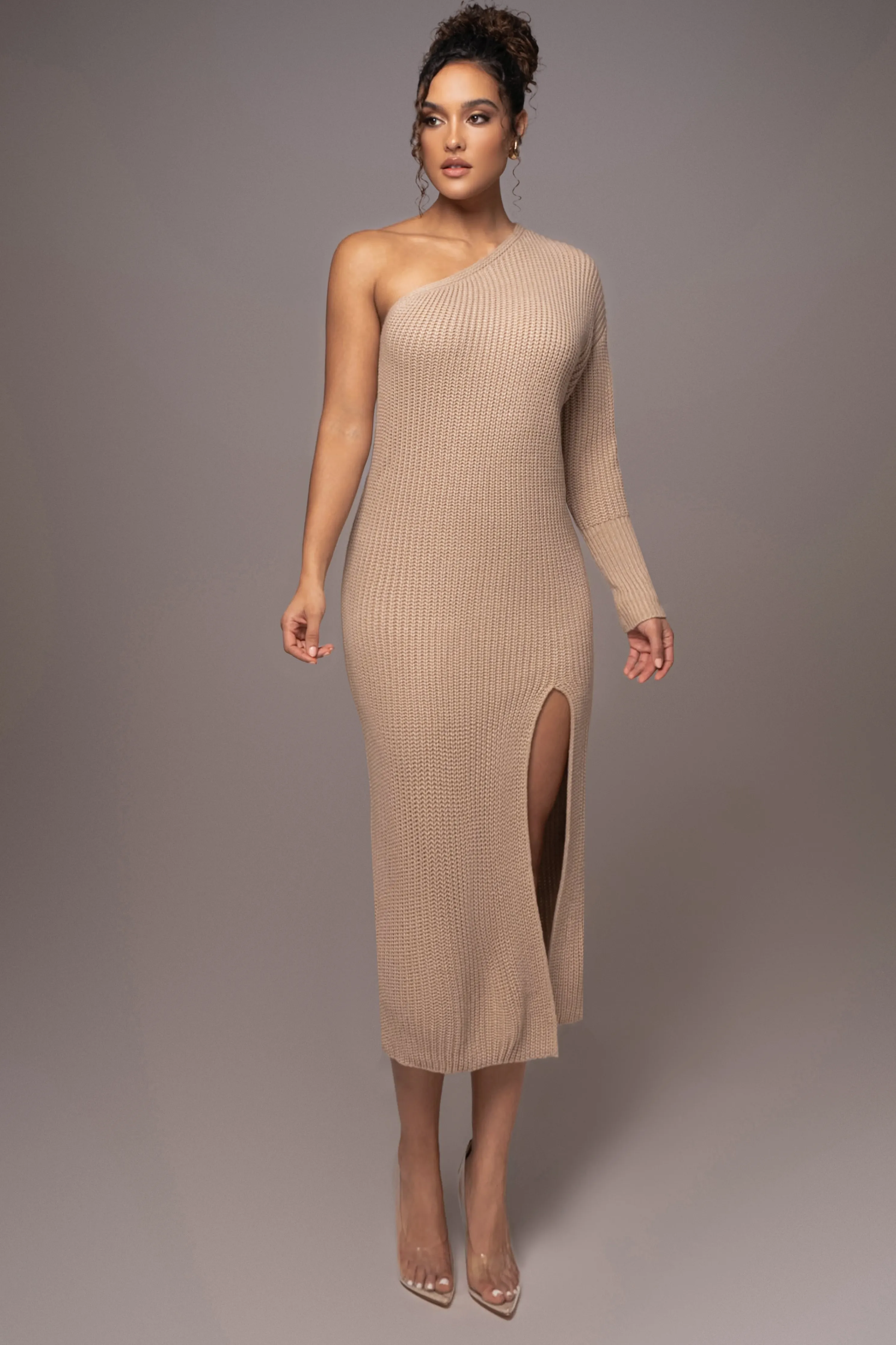 Beige Long Knit Sweater Dress