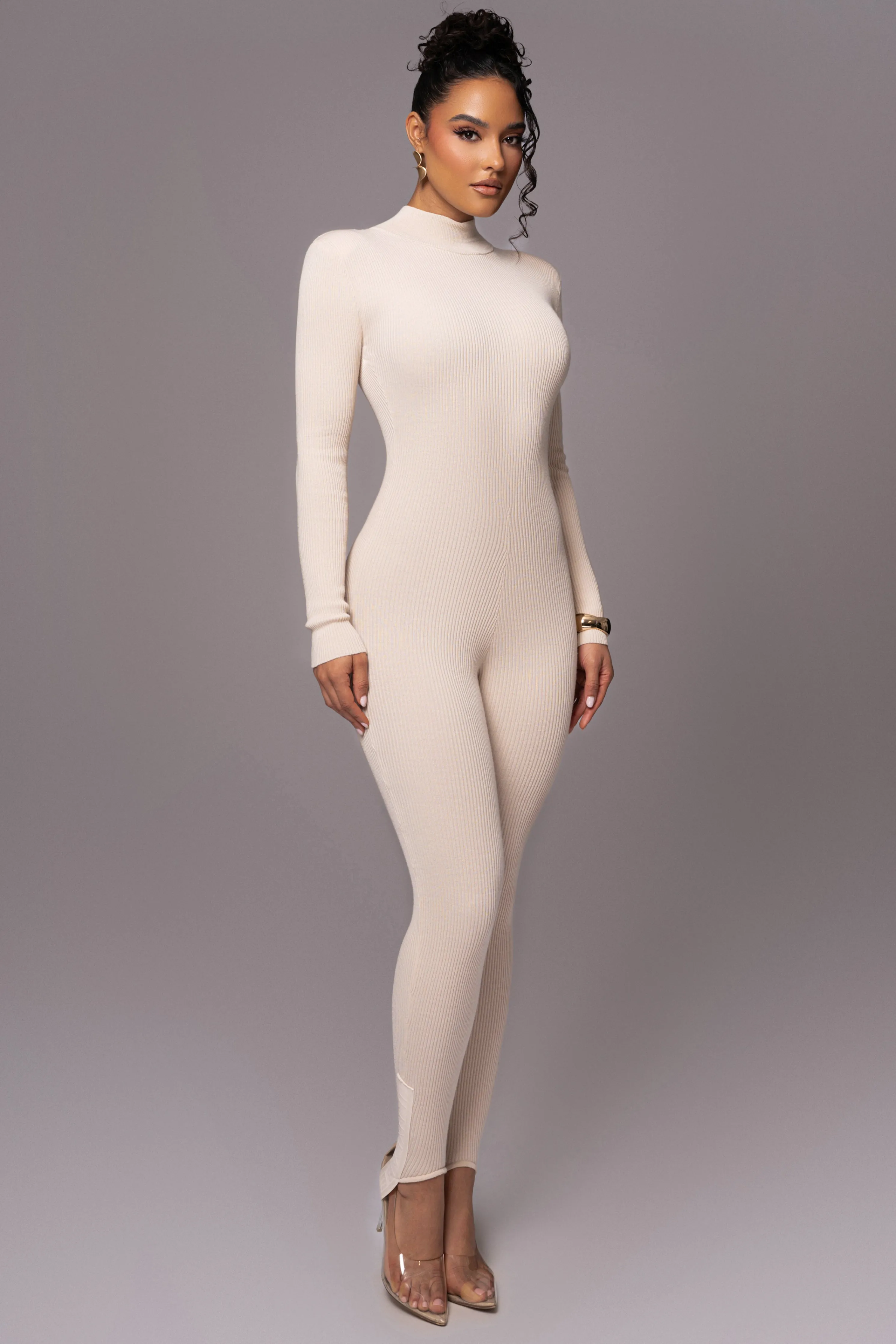 Beige Minna Mock Neck Jumpsuit