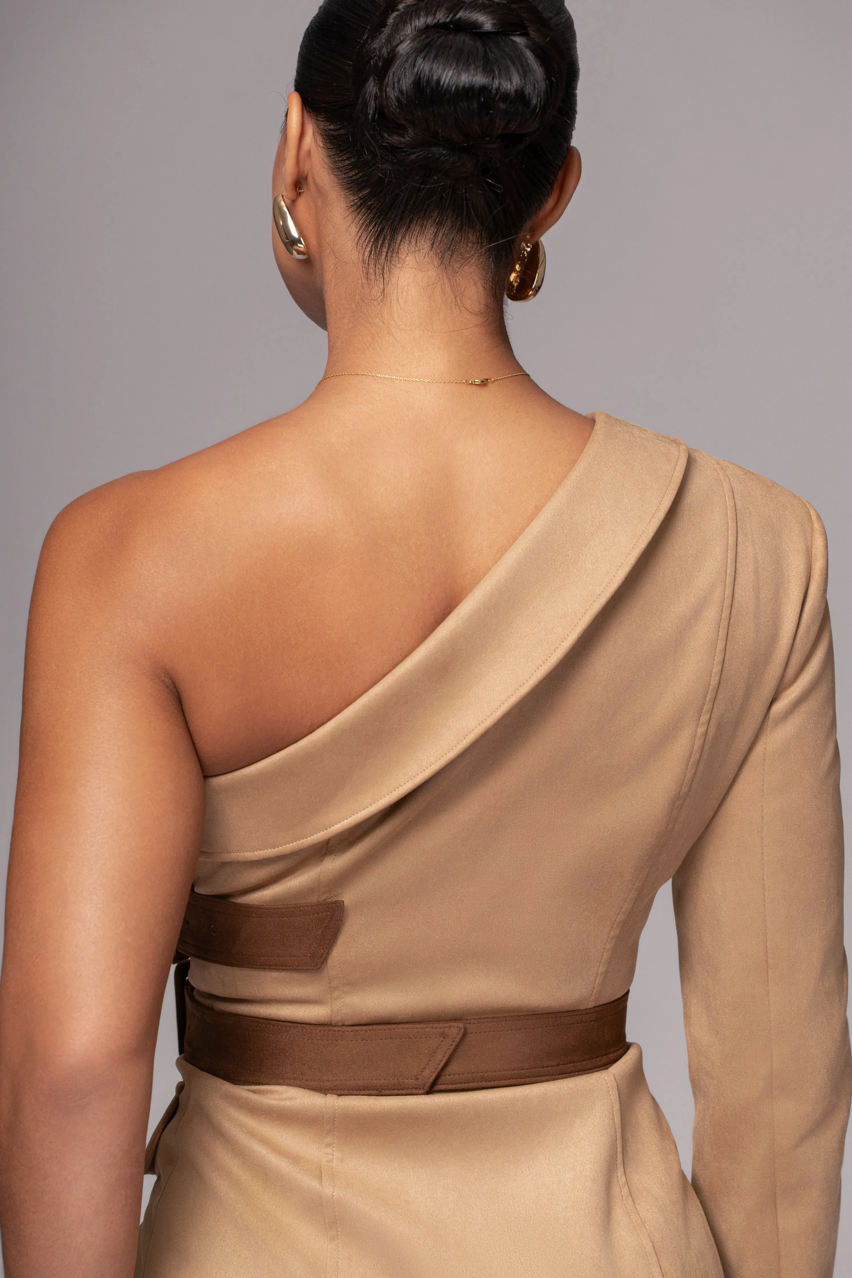 Beige One Shoulder Suede Blazer Dress
