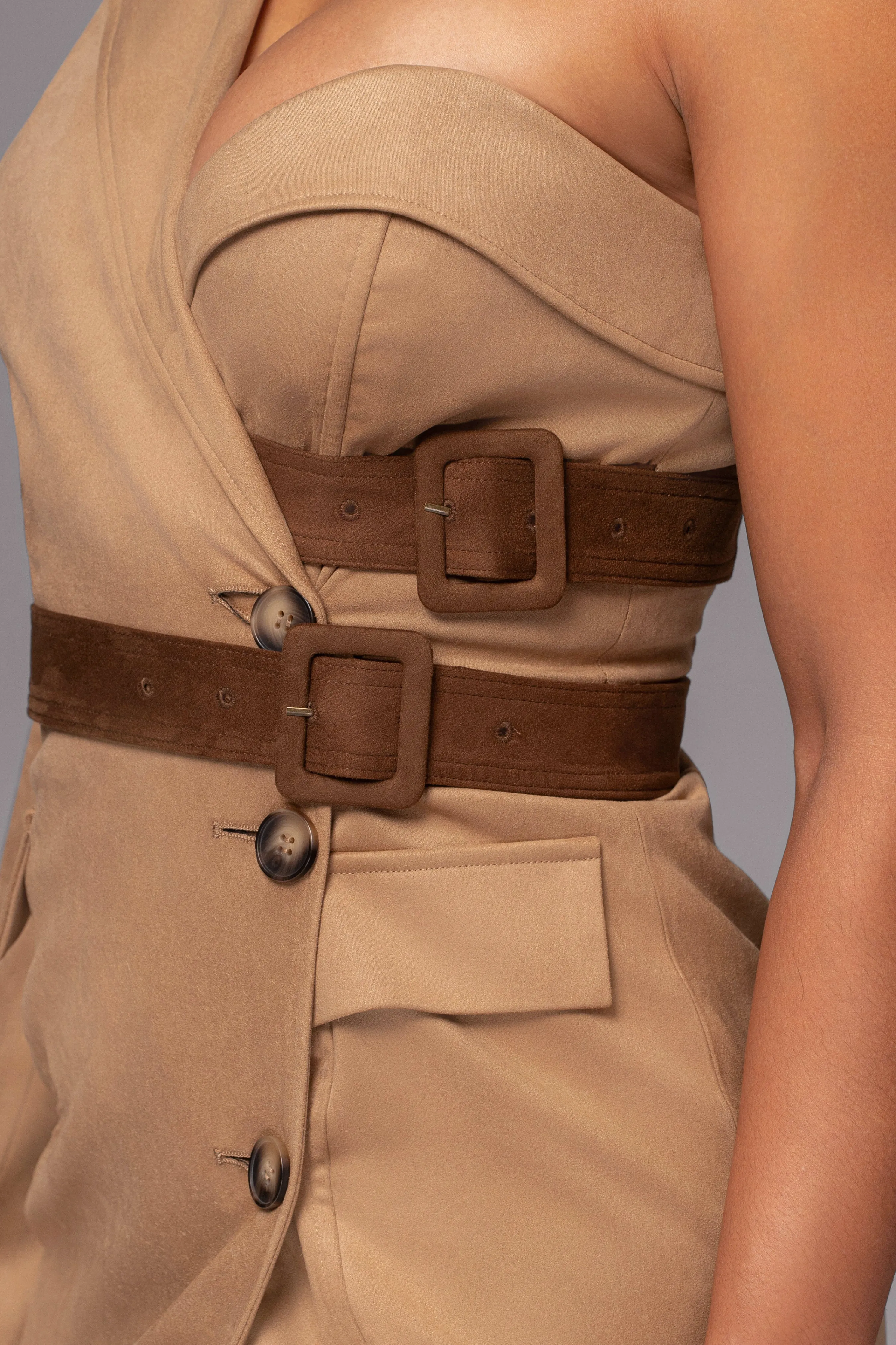 Beige One Shoulder Suede Blazer Dress