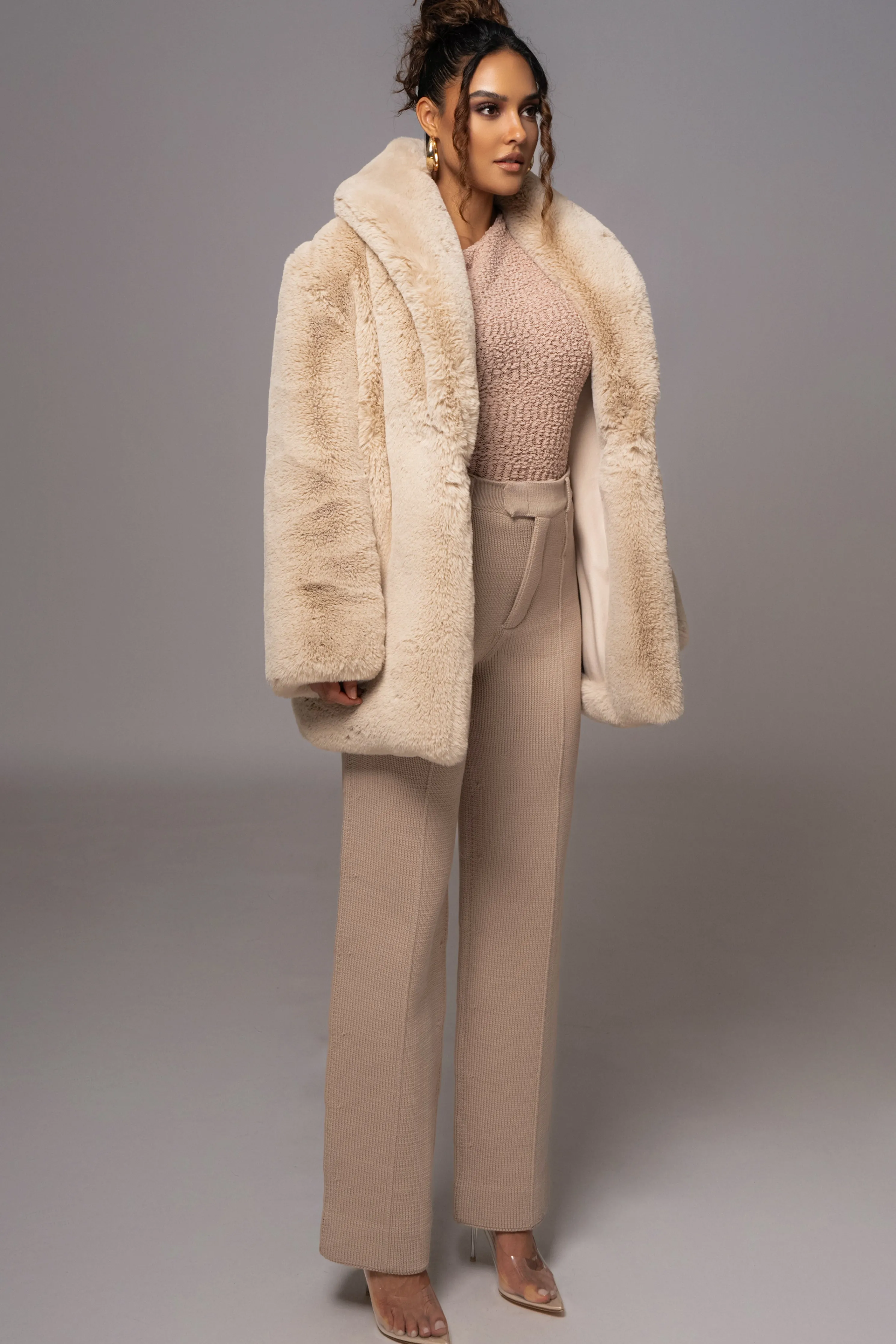Beige Refined Faux Fur Oversized Coat