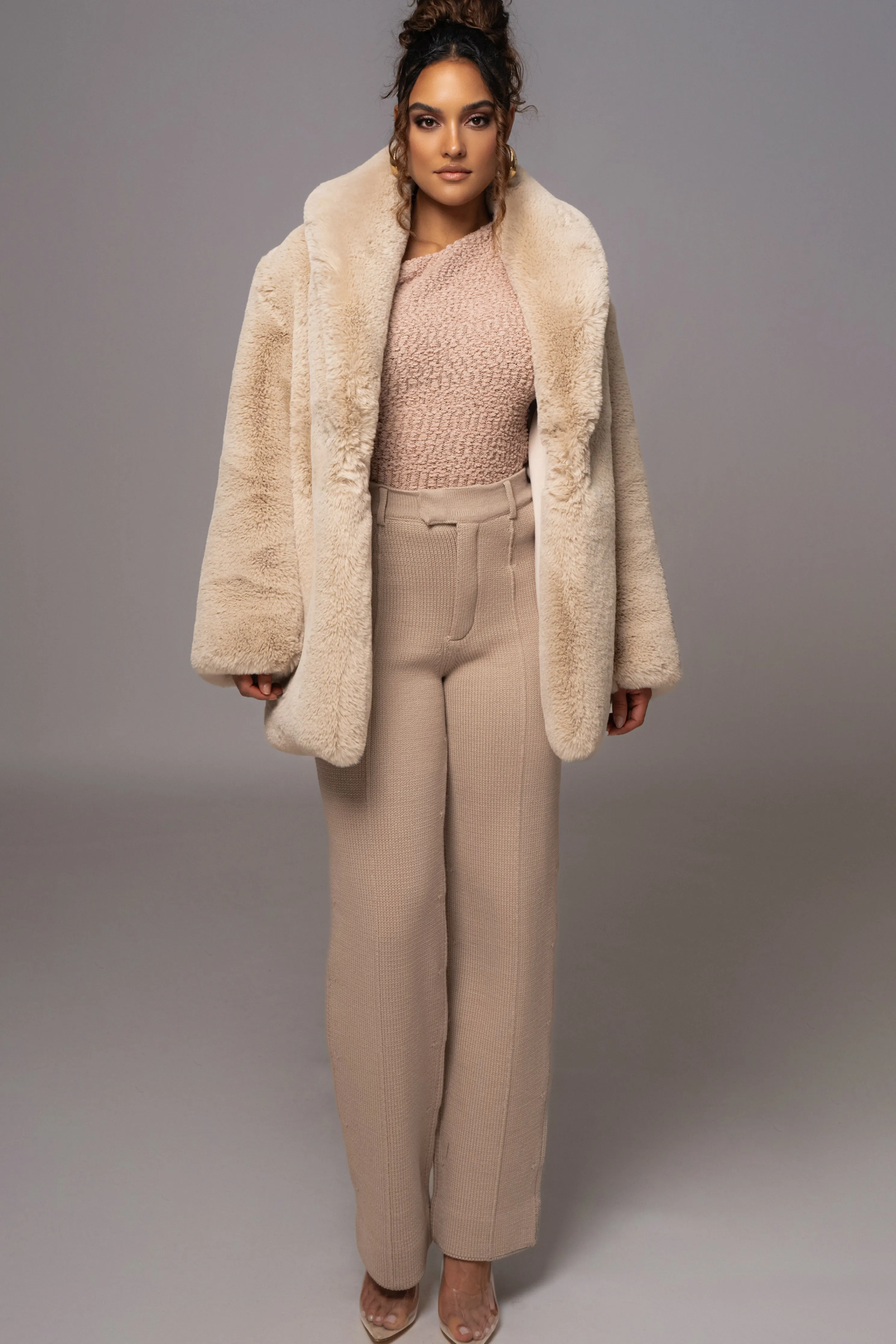 Beige Refined Faux Fur Oversized Coat