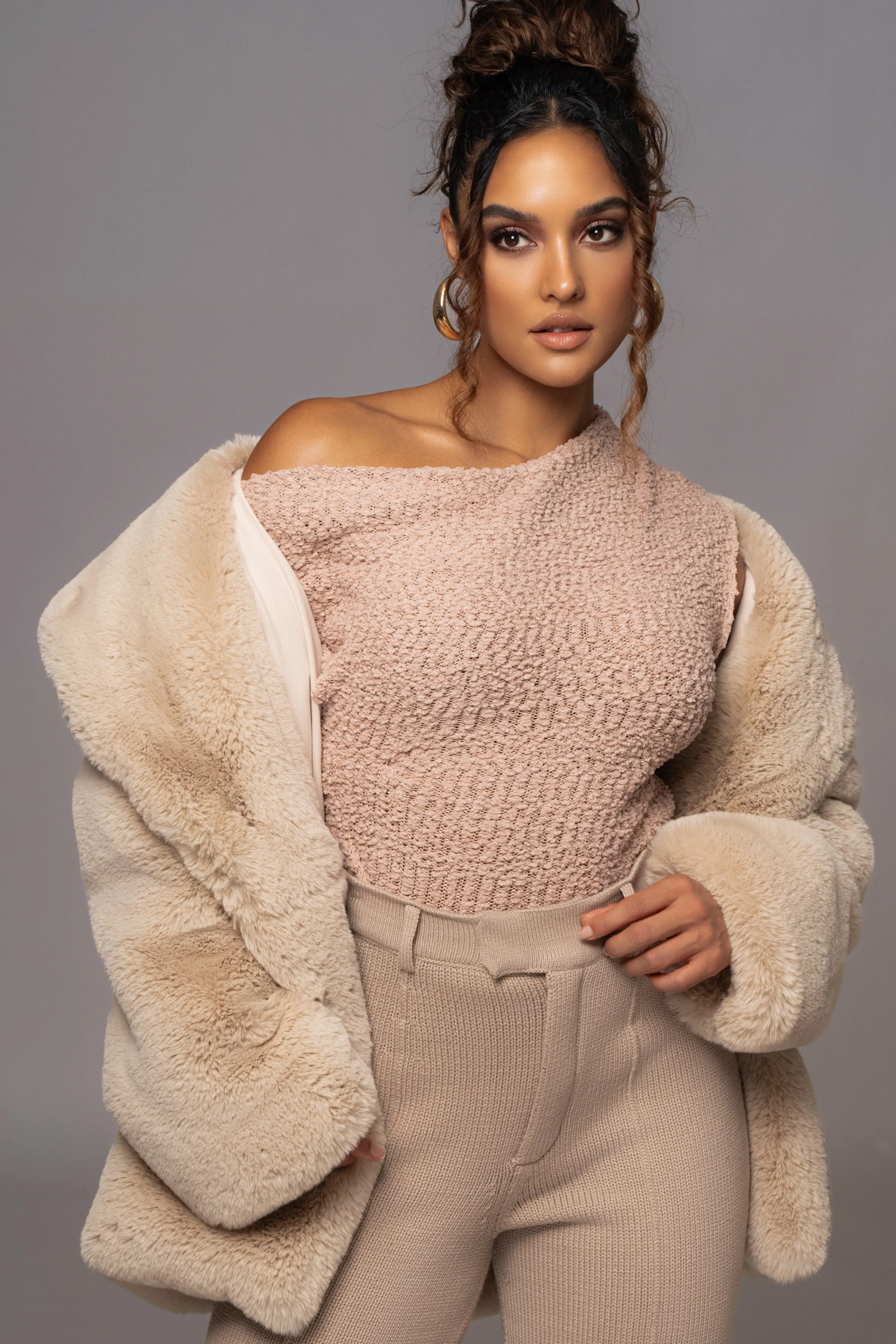Beige Refined Faux Fur Oversized Coat