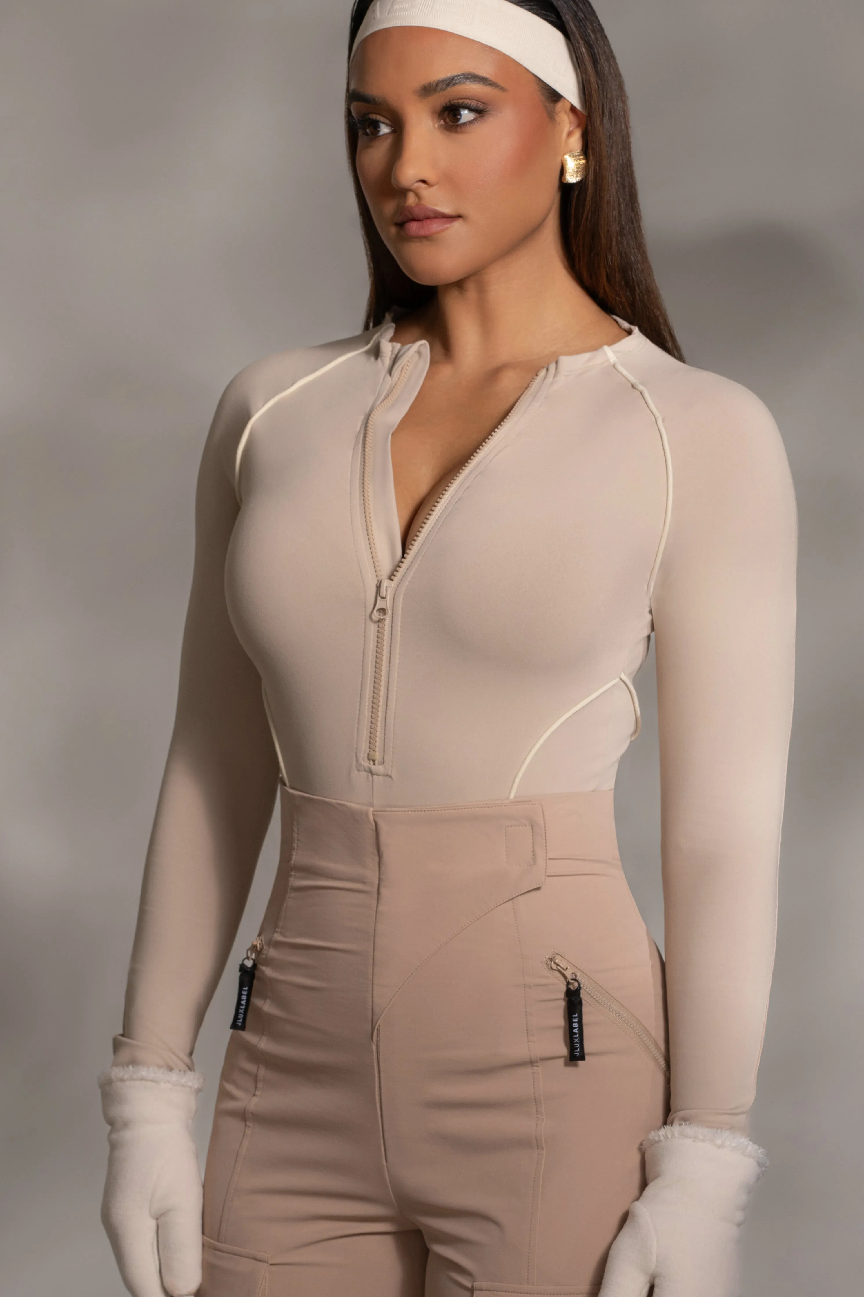 Beige Rise Up Zip Front Bodysuit