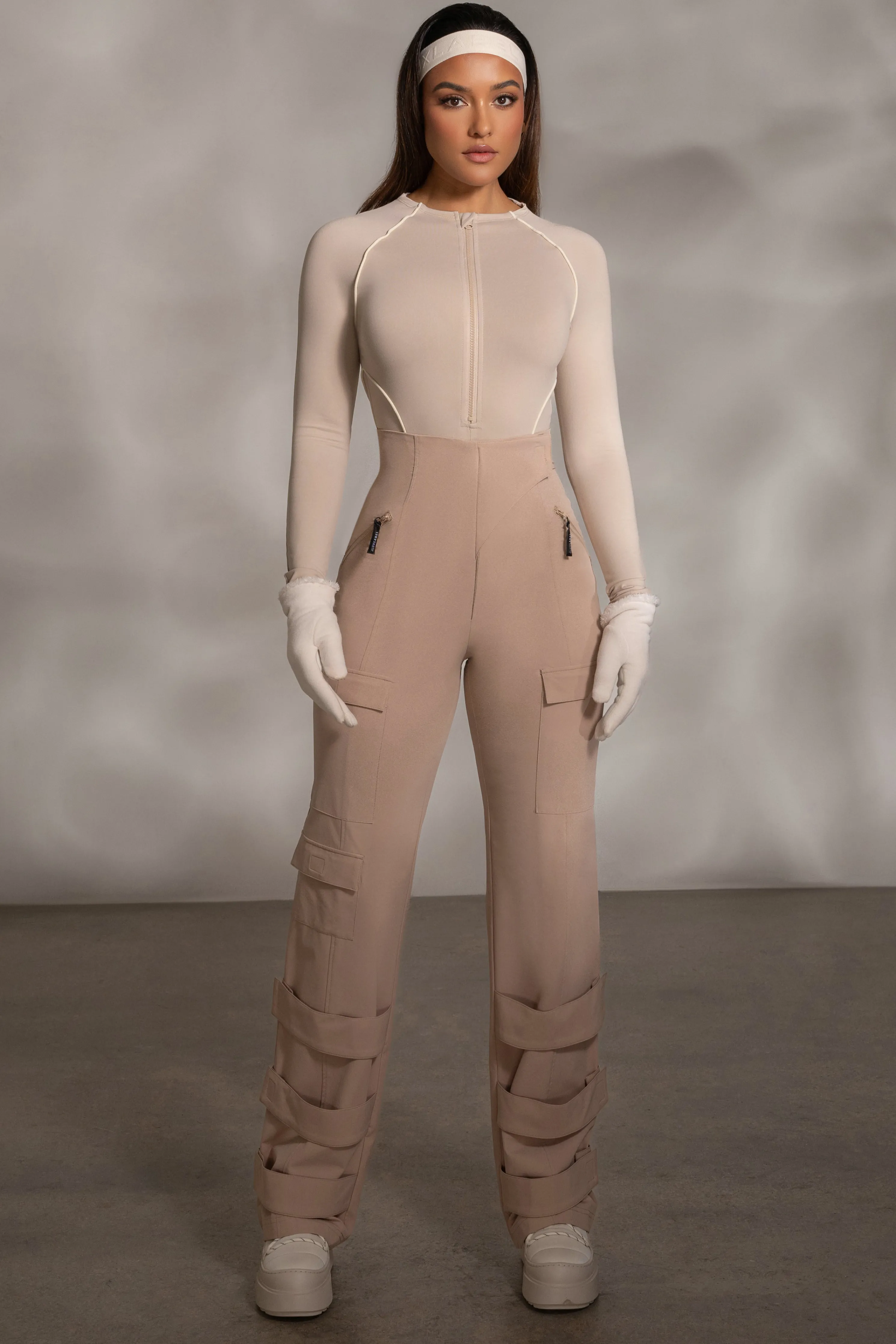 Beige Rise Up Zip Front Bodysuit