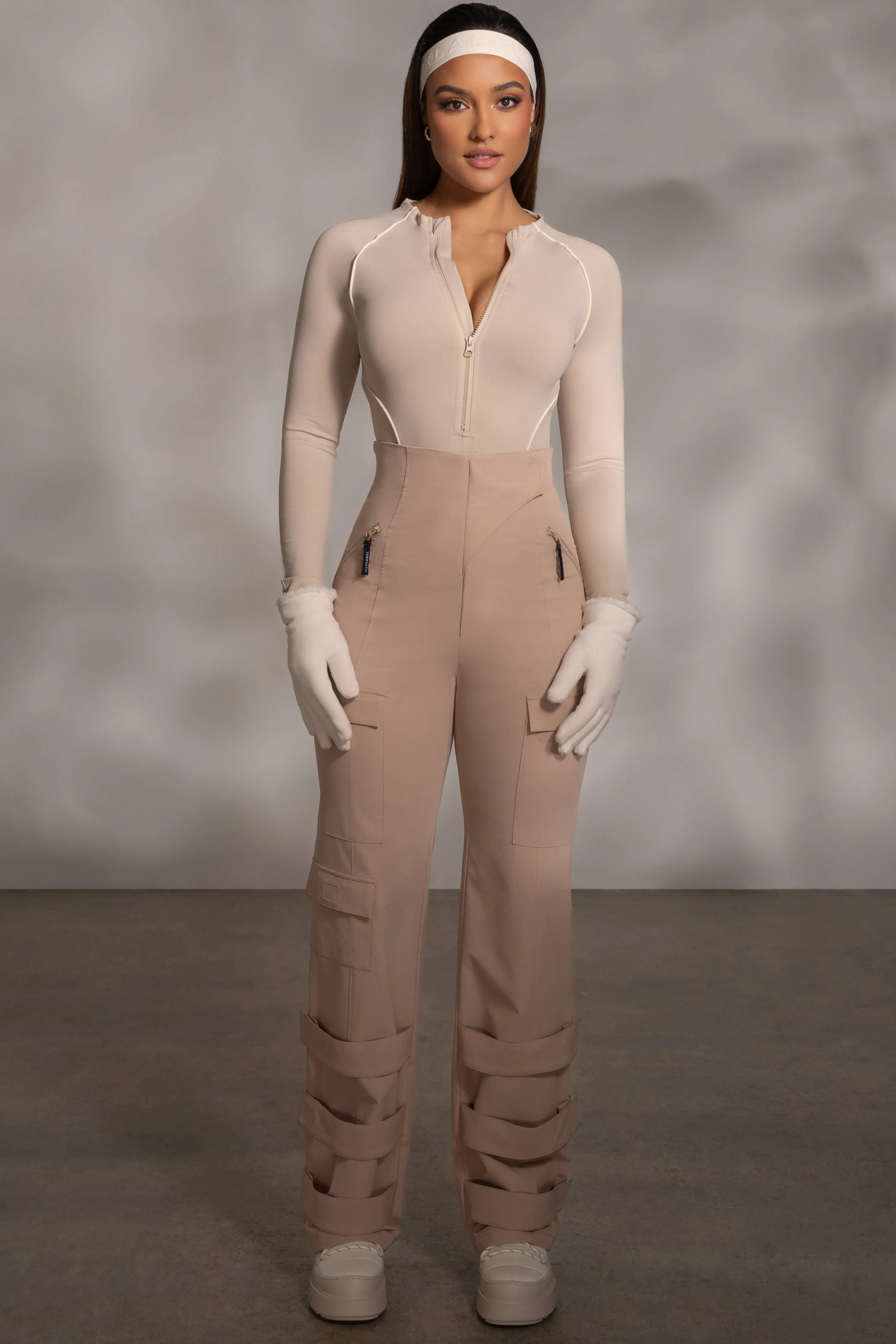 Beige Rise Up Zip Front Bodysuit