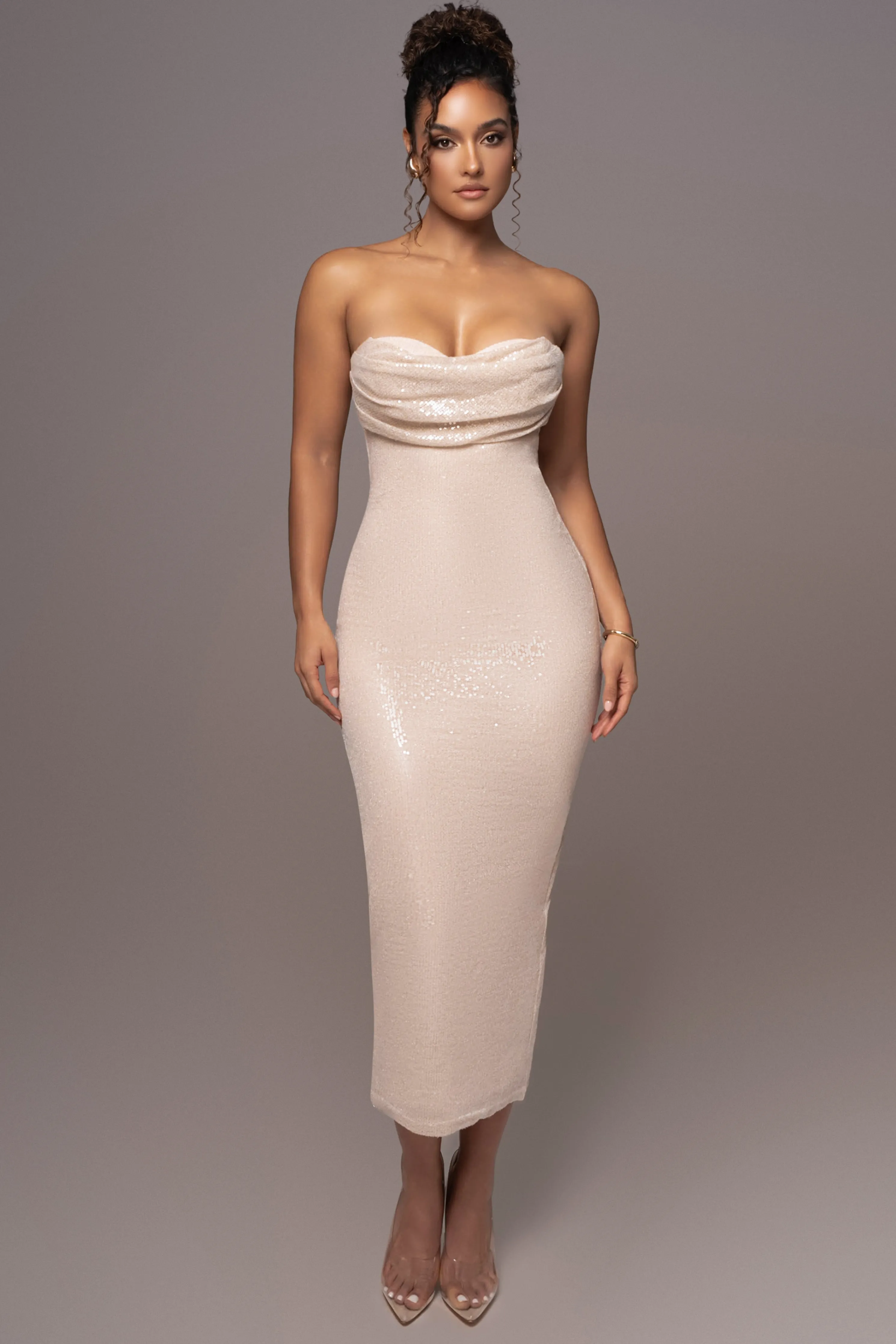 Beige Sequin Visions Of You Midi Dress