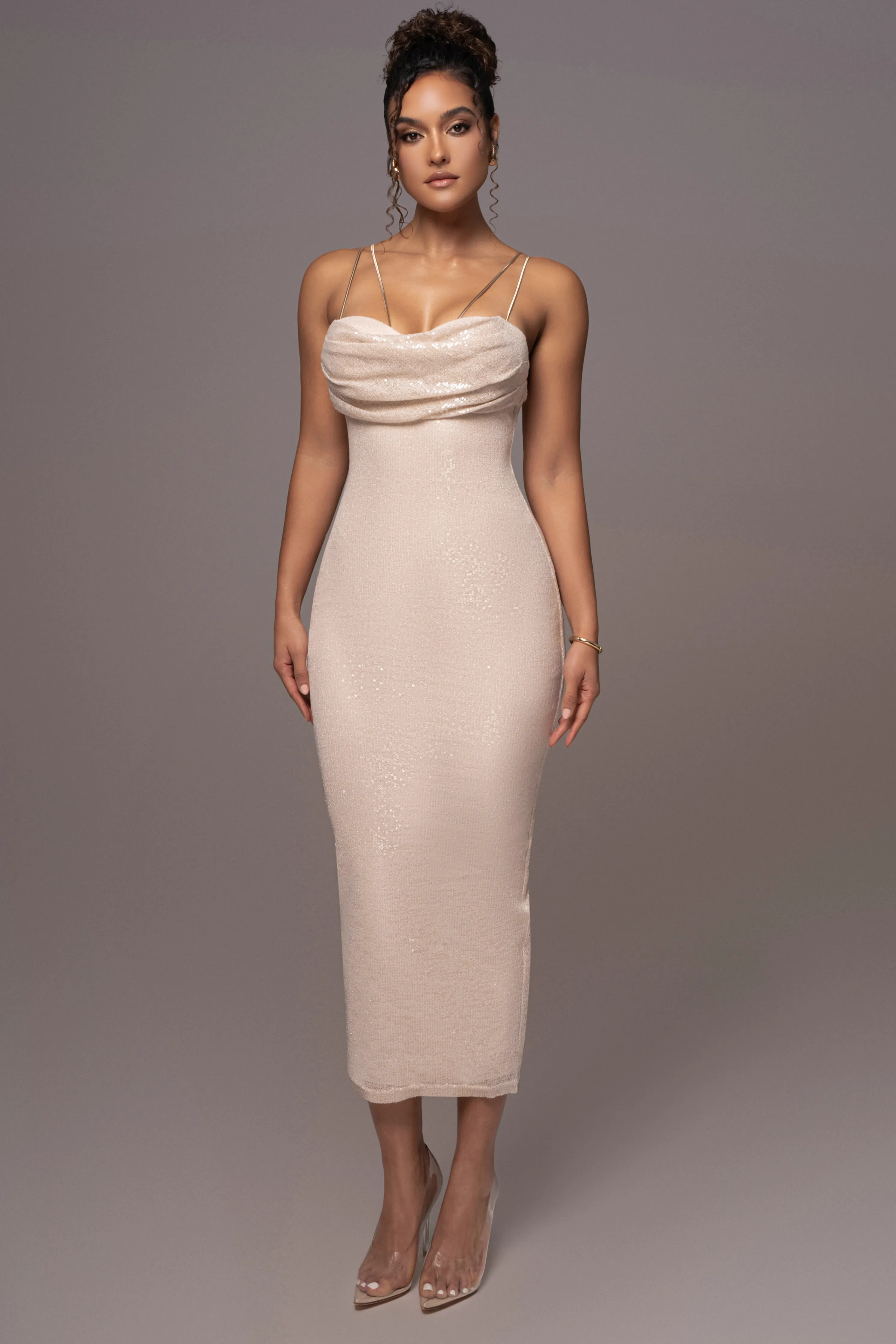 Beige Sequin Visions Of You Midi Dress