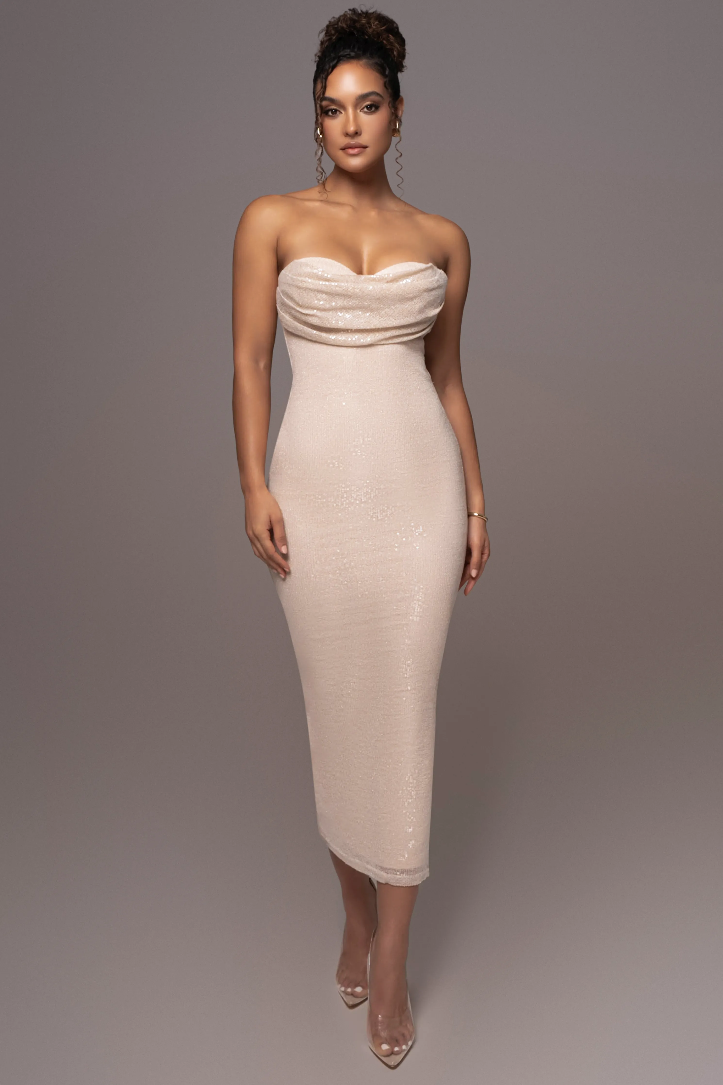Beige Sequin Visions Of You Midi Dress