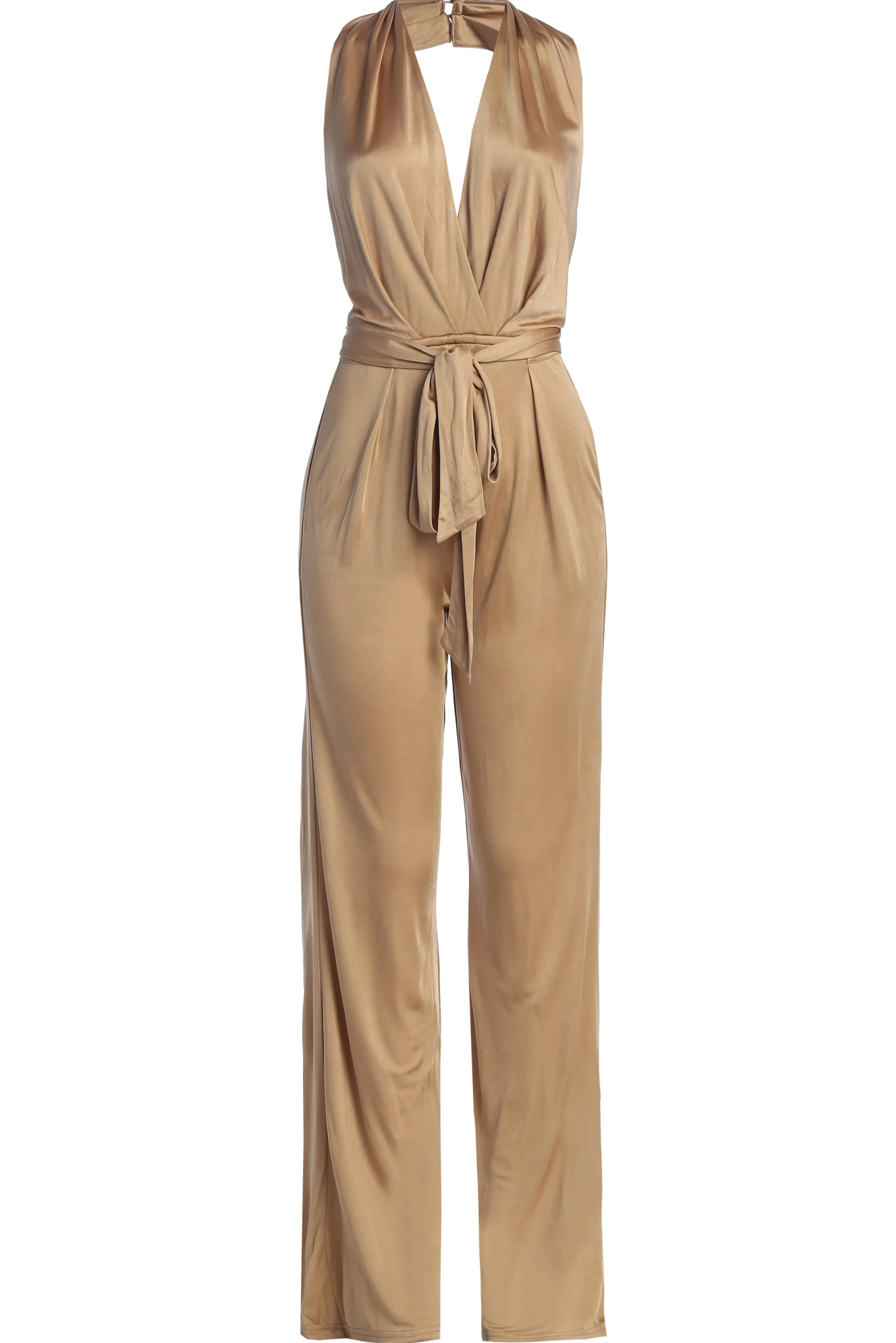 Beige Slinky Halter Belted Jumpsuit