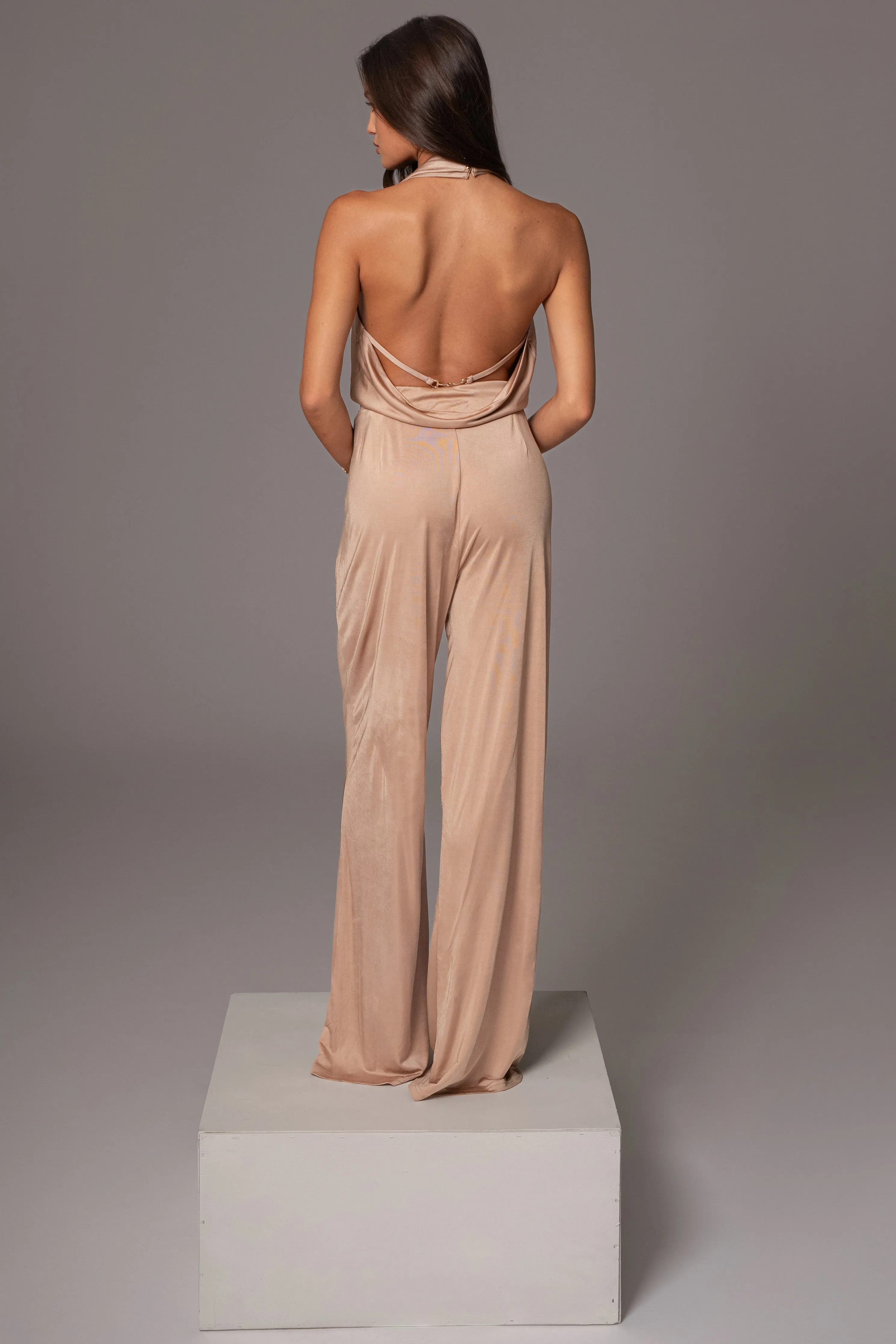 Beige Slinky Halter Belted Jumpsuit