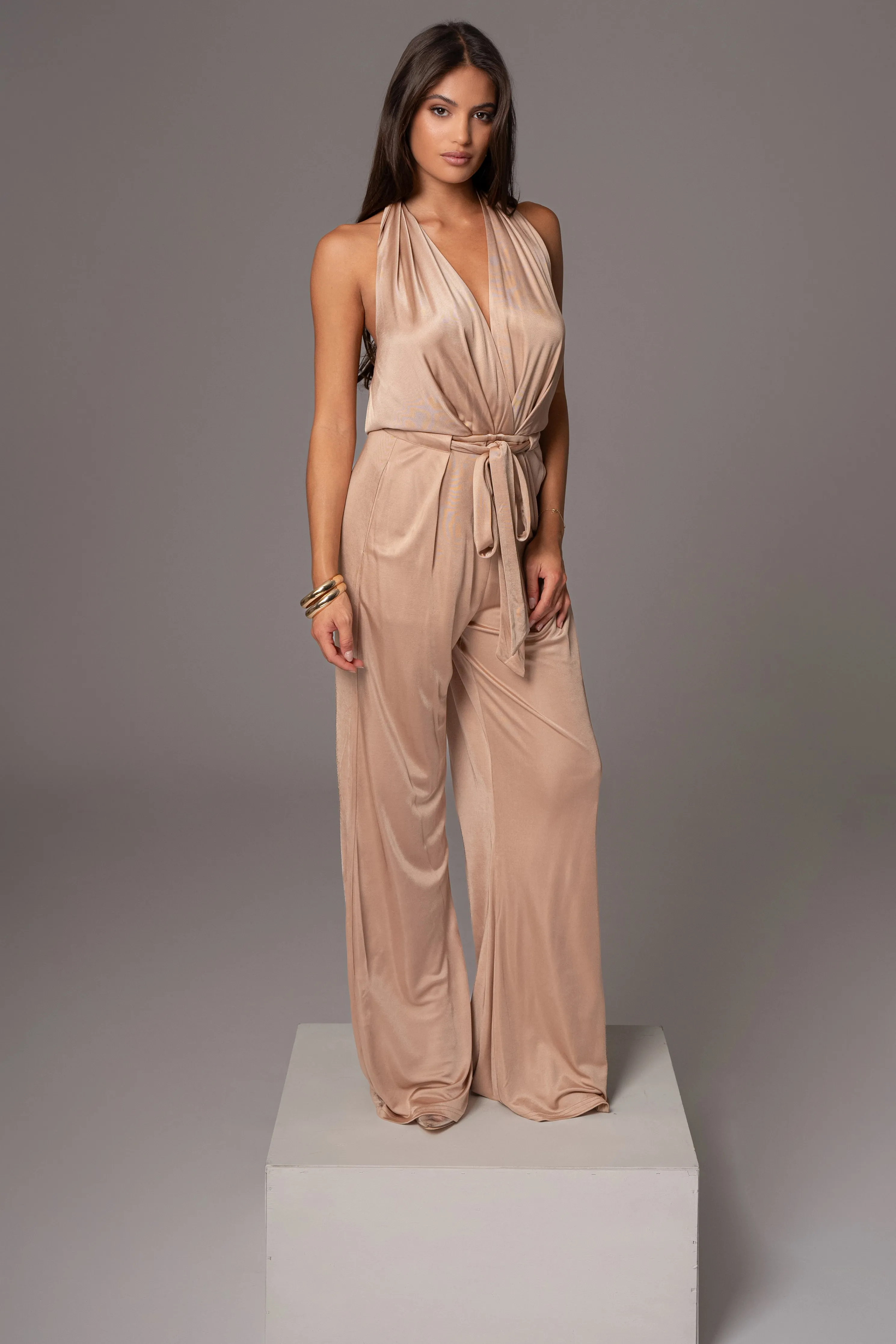 Beige Slinky Halter Belted Jumpsuit