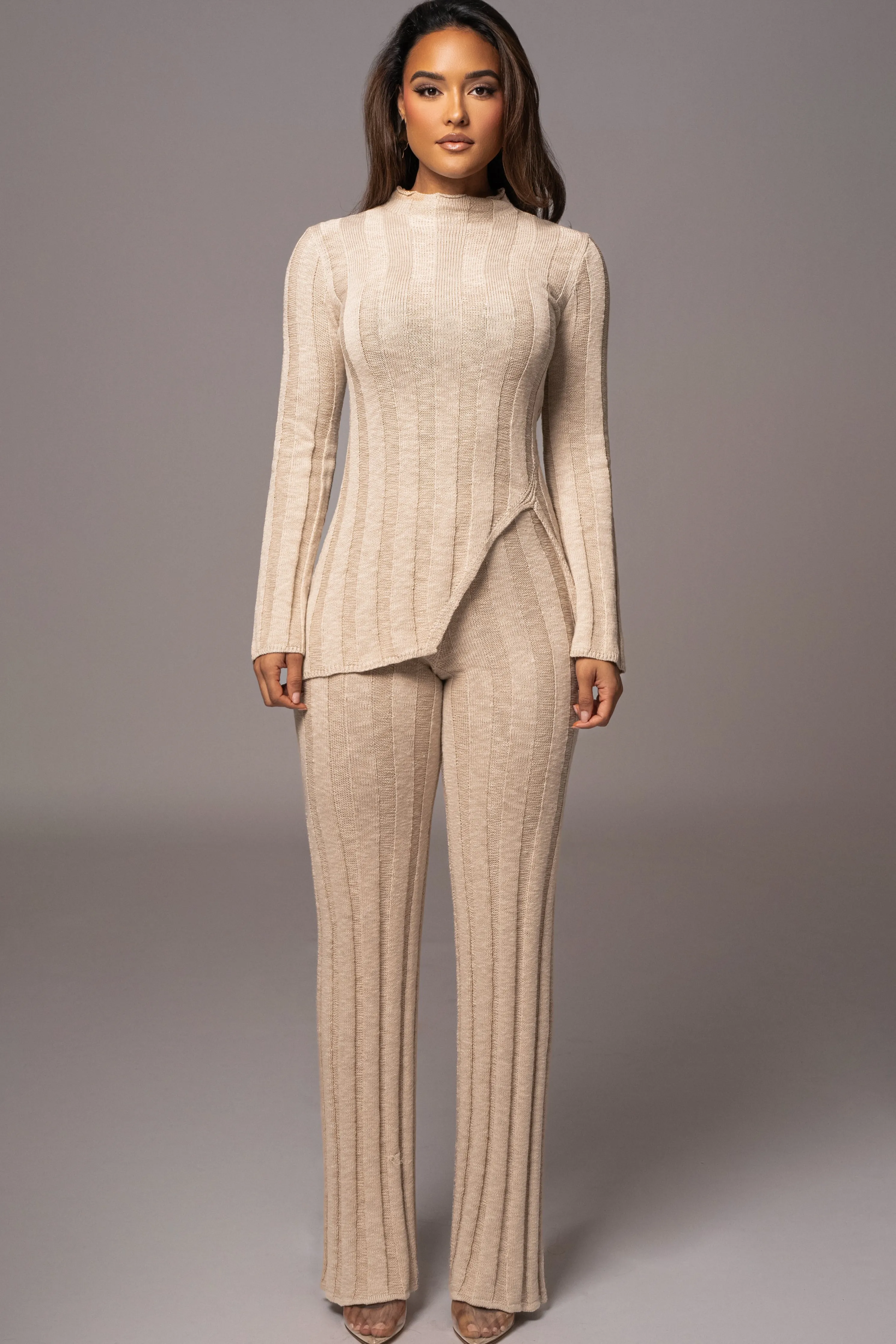 Beige Take A Chance Ribbed Pant Set