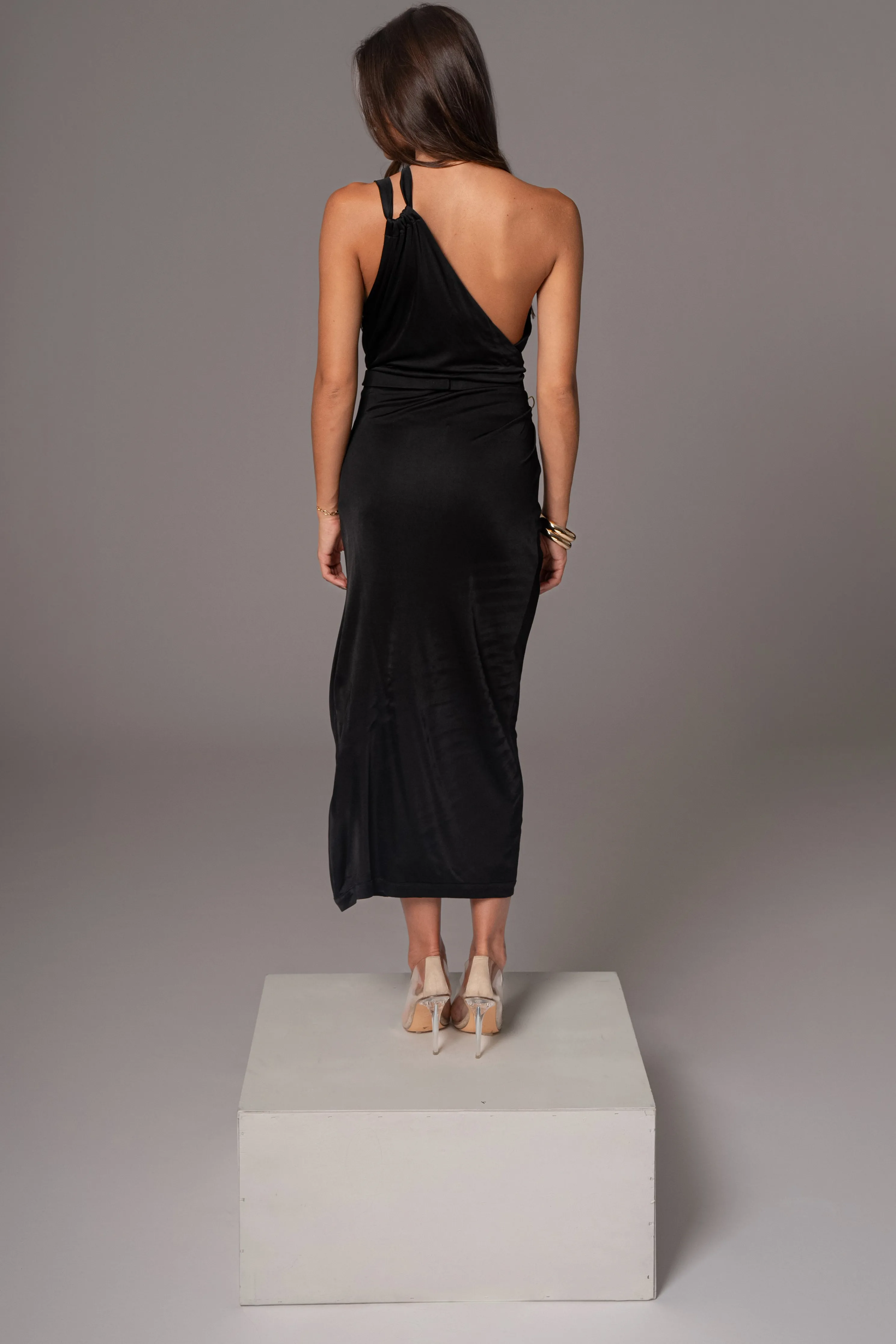 Black Anniversary Belted Wrap Dress