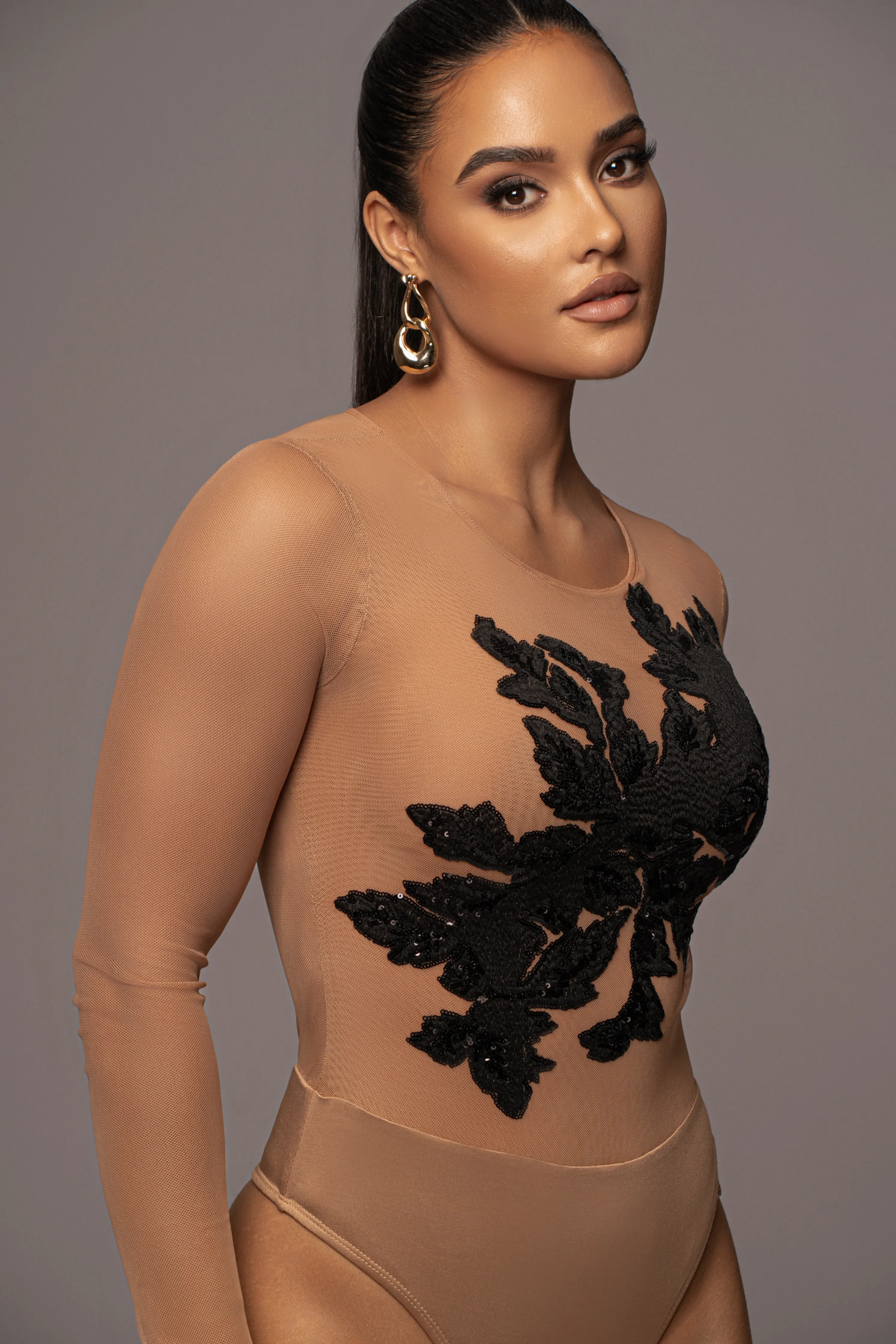 Black Charmed Embroidered Mesh Bodysuit