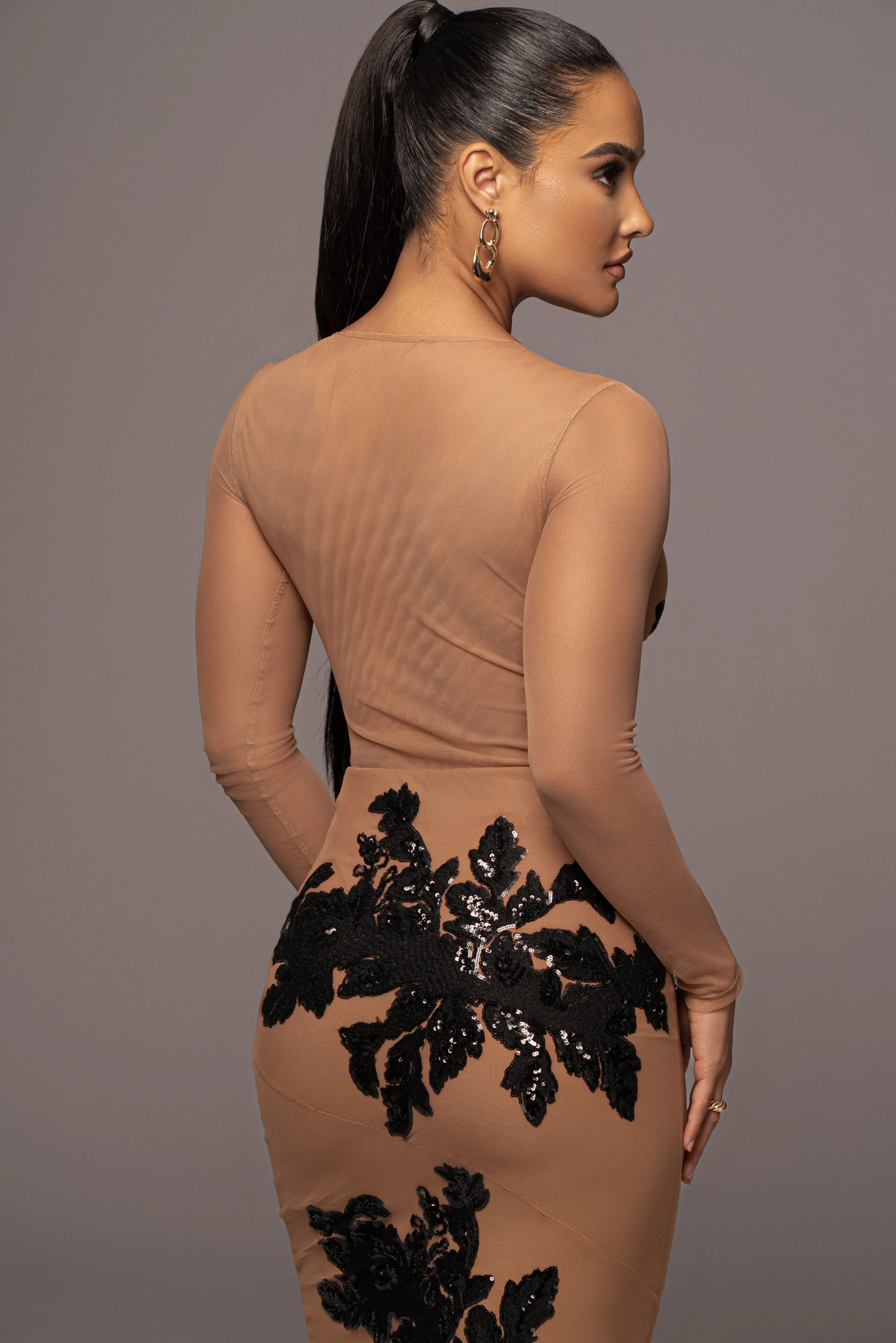 Black Charmed Embroidered Mesh Bodysuit