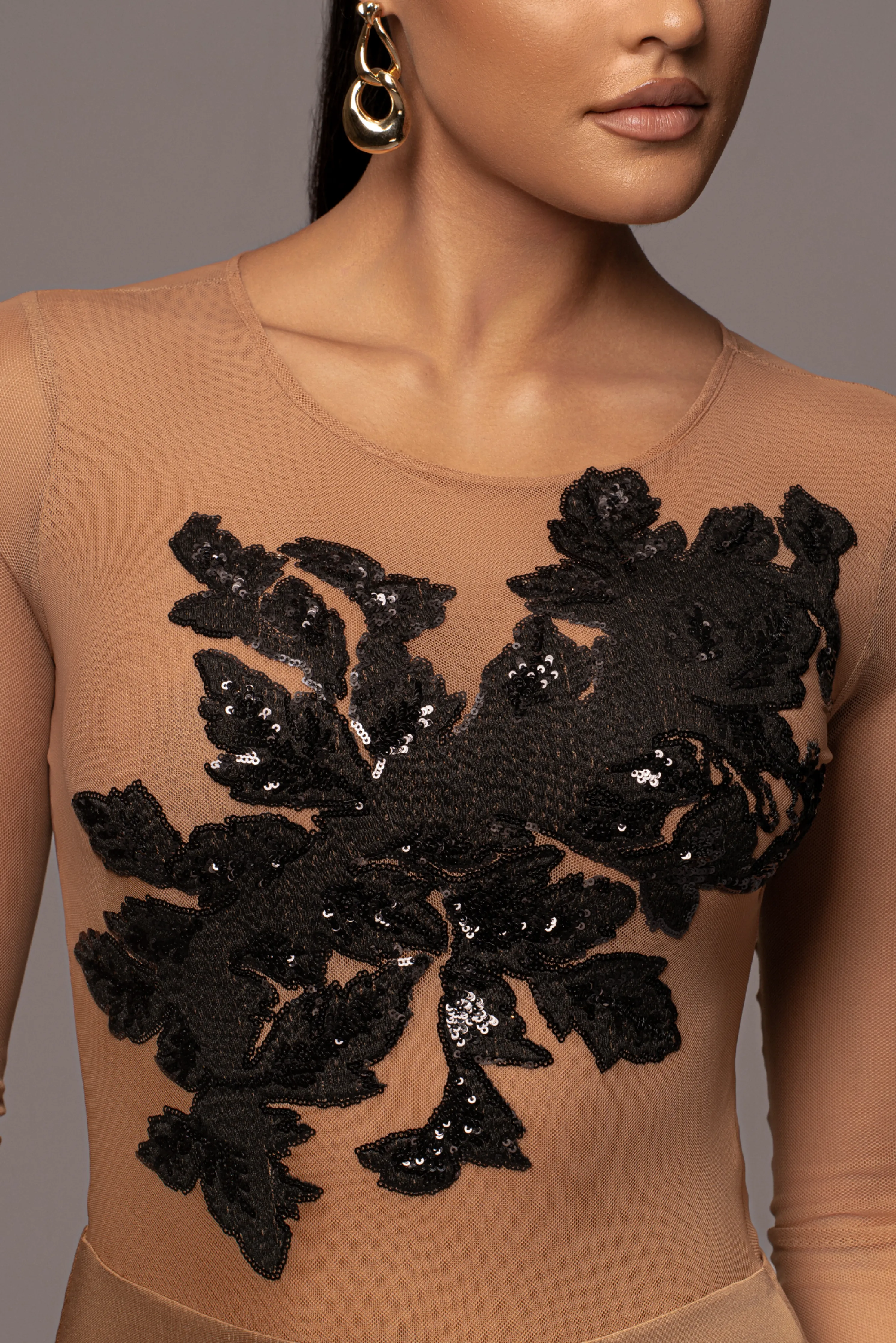 Black Charmed Embroidered Mesh Bodysuit