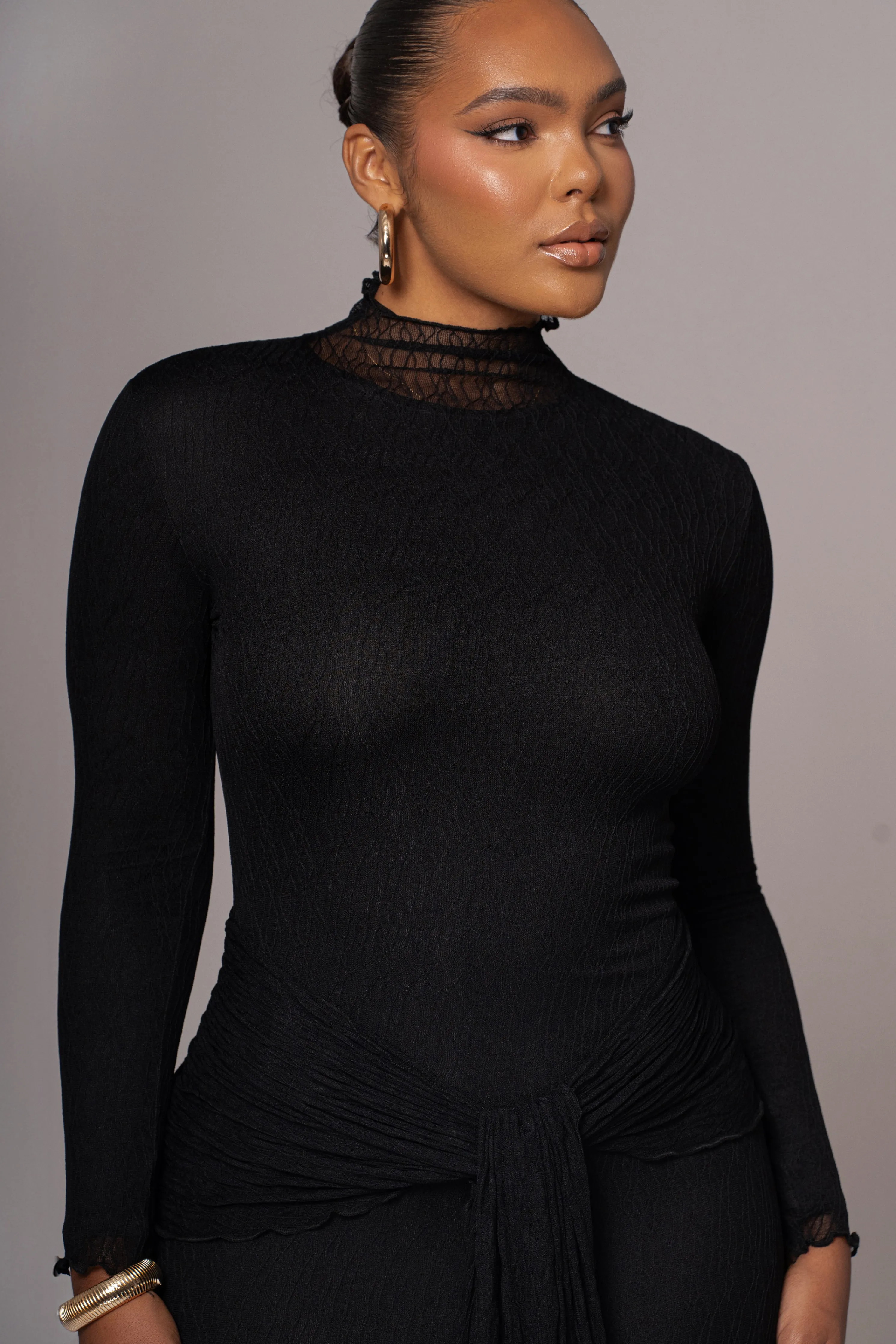 Black Drape Mock Neck Dress