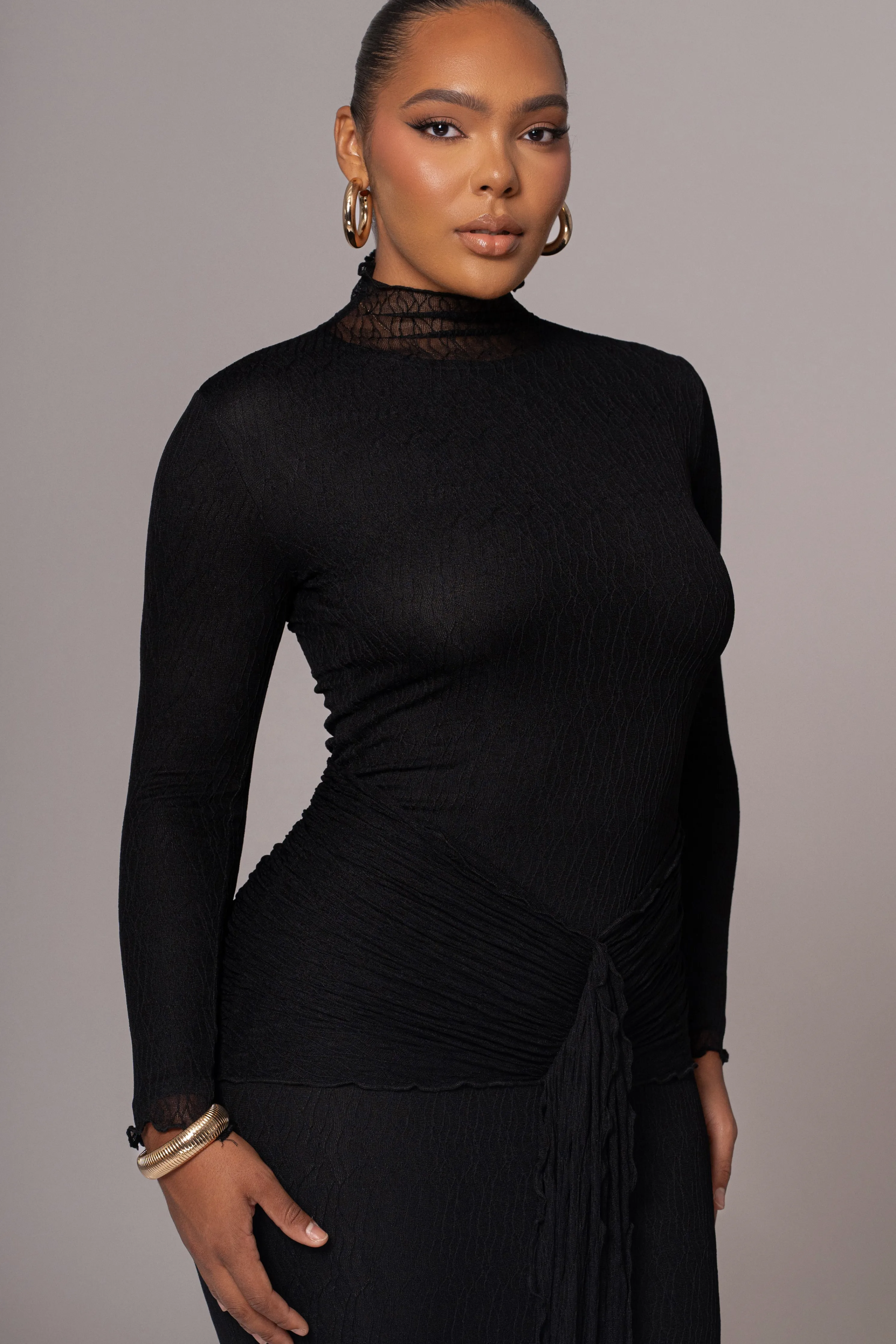 Black Drape Mock Neck Dress