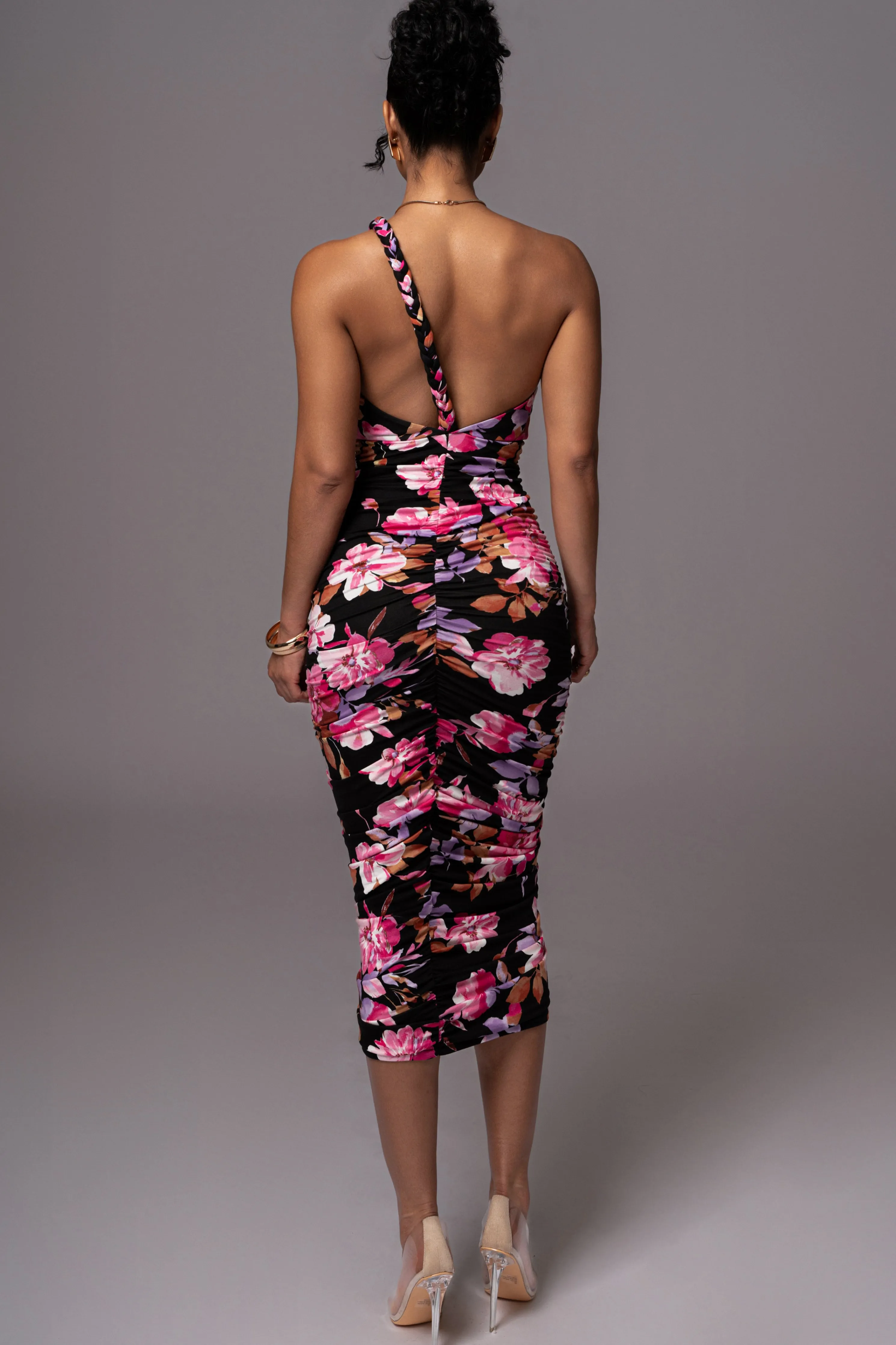 Black Floral Jess Ruched Midi Dress