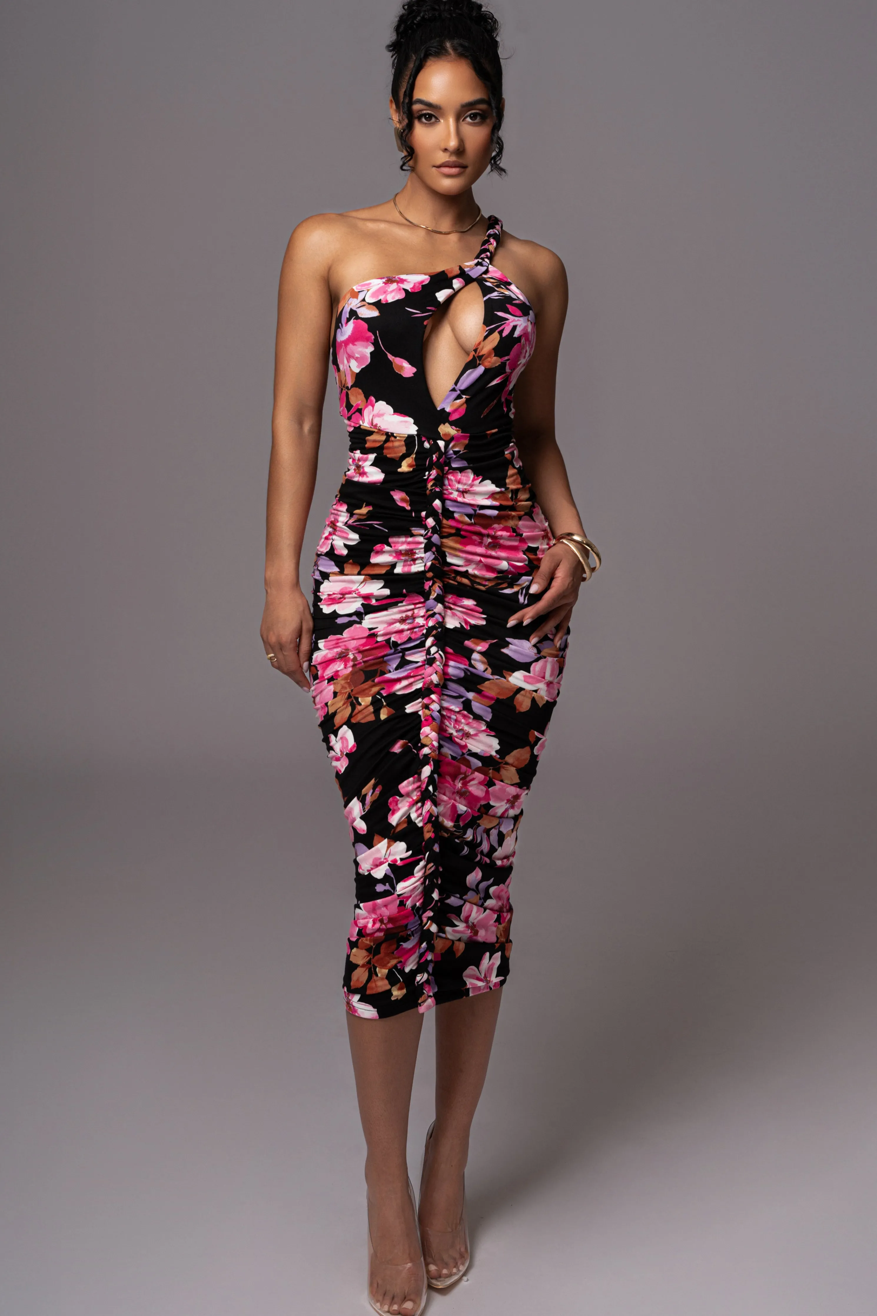 Black Floral Jess Ruched Midi Dress