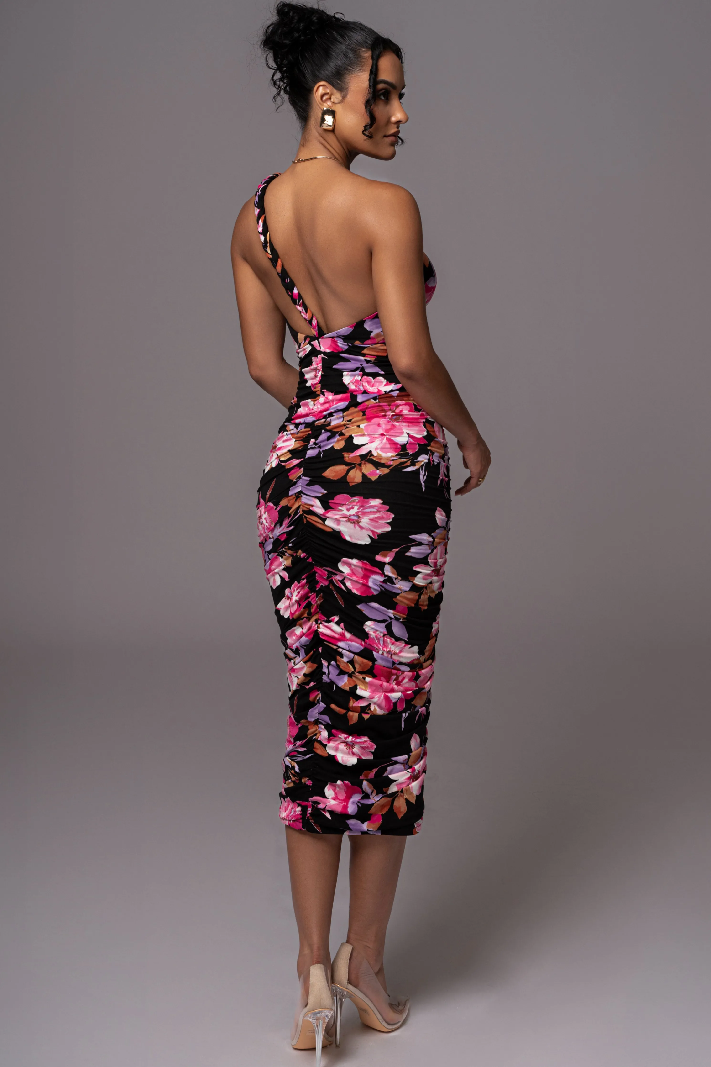 Black Floral Jess Ruched Midi Dress