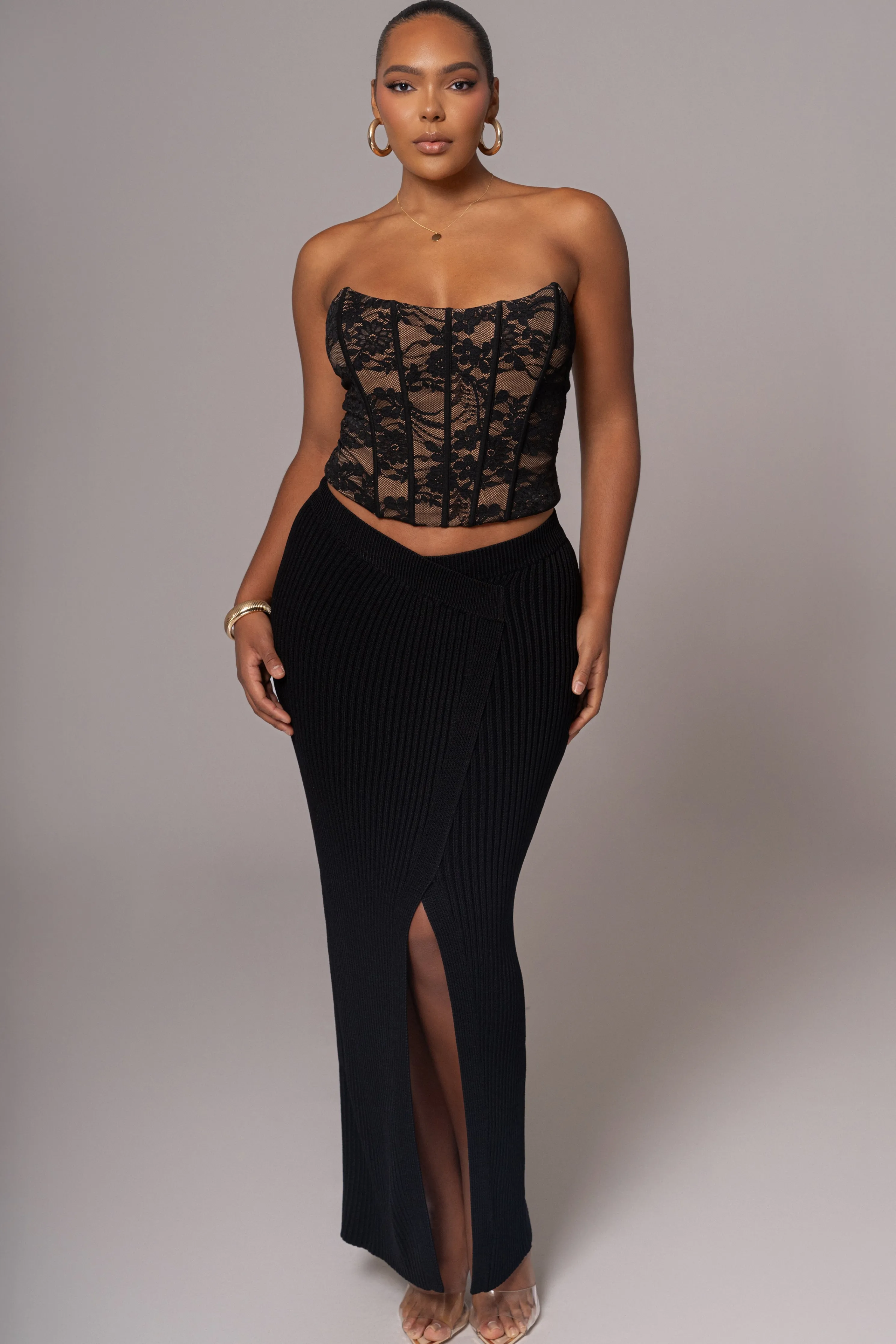 Black Hamptons Ribbed Slit Skirt