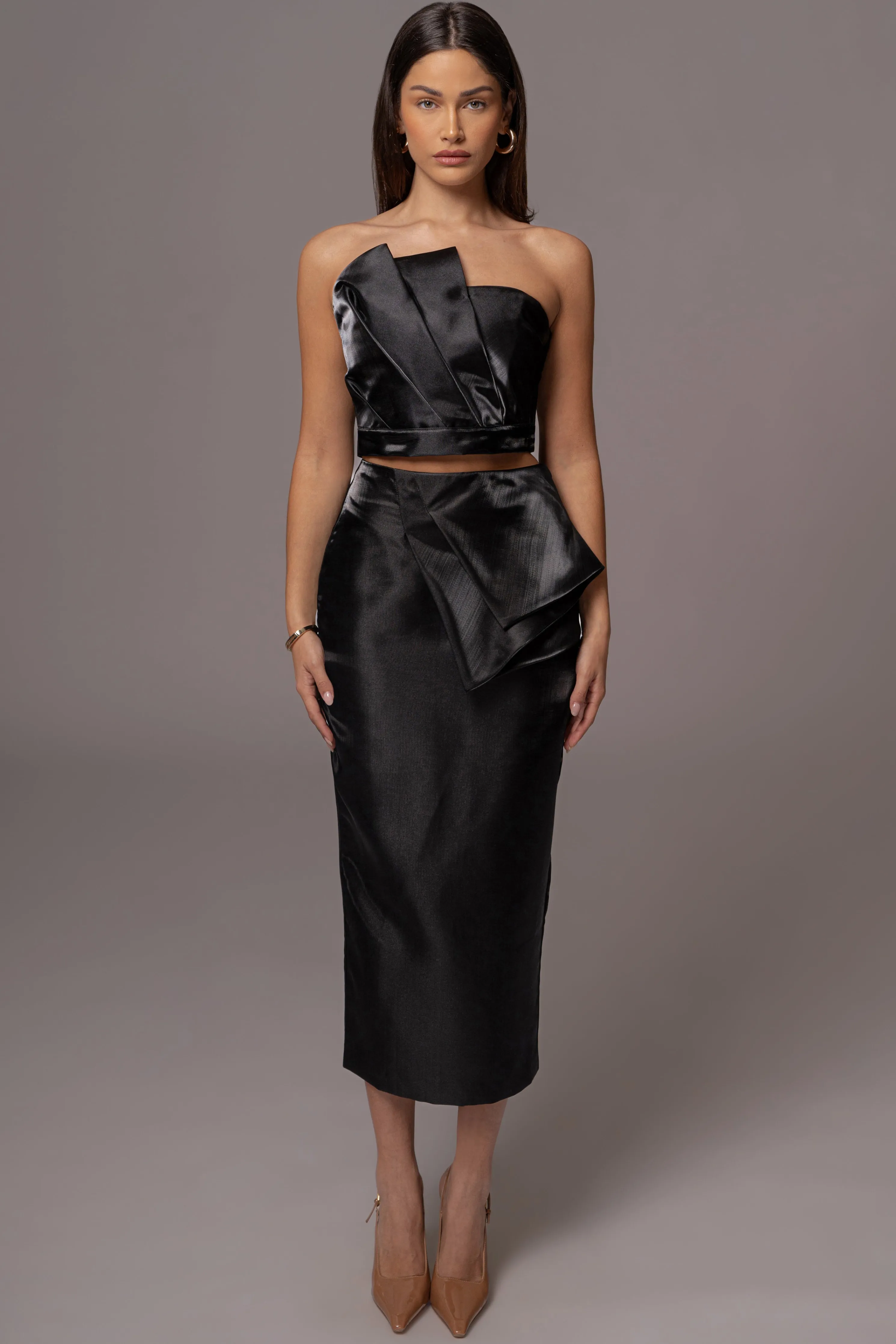 Black Reception Pleated Midi Skirt