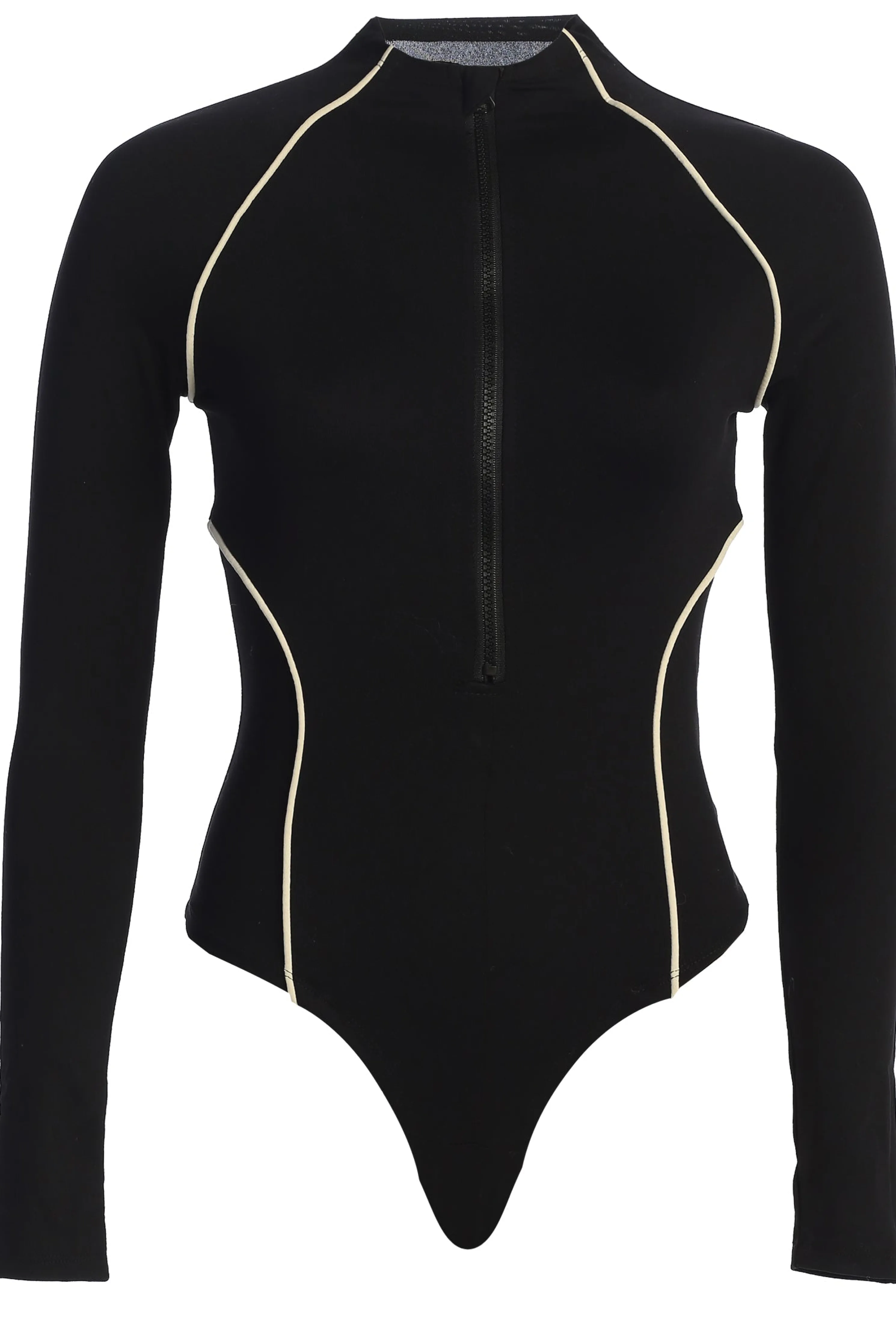 Black Rise Up Zip Front Bodysuit