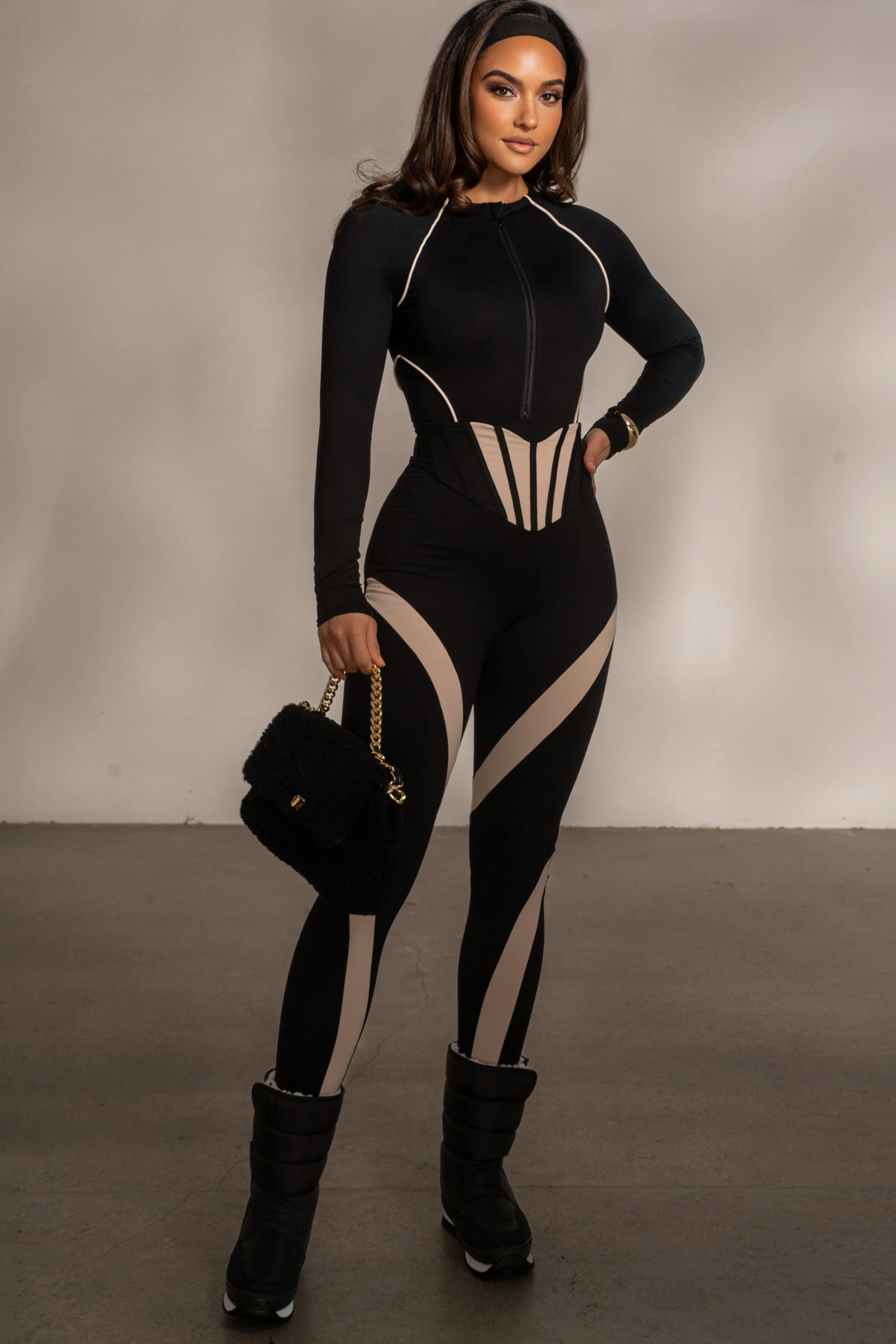 Black Rise Up Zip Front Bodysuit