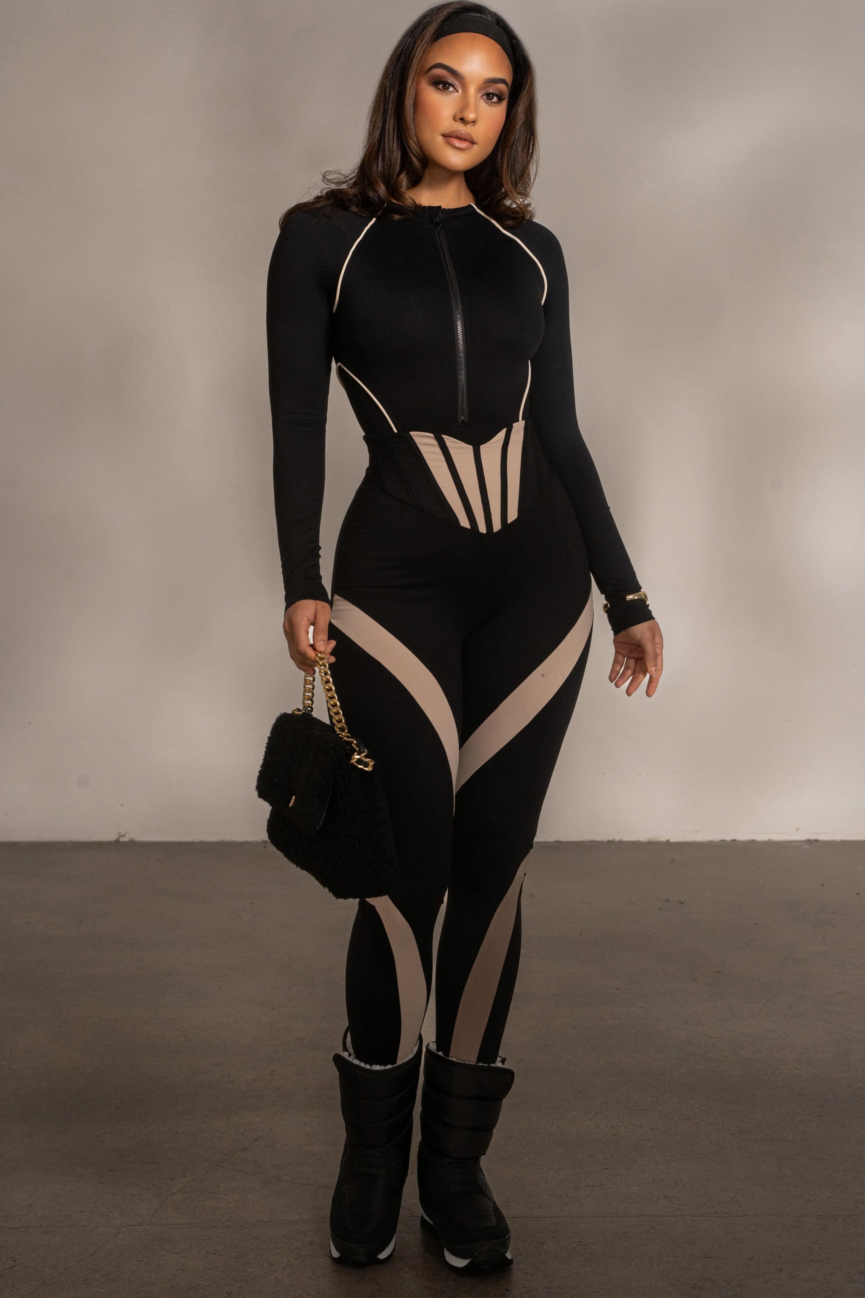 Black Rise Up Zip Front Bodysuit