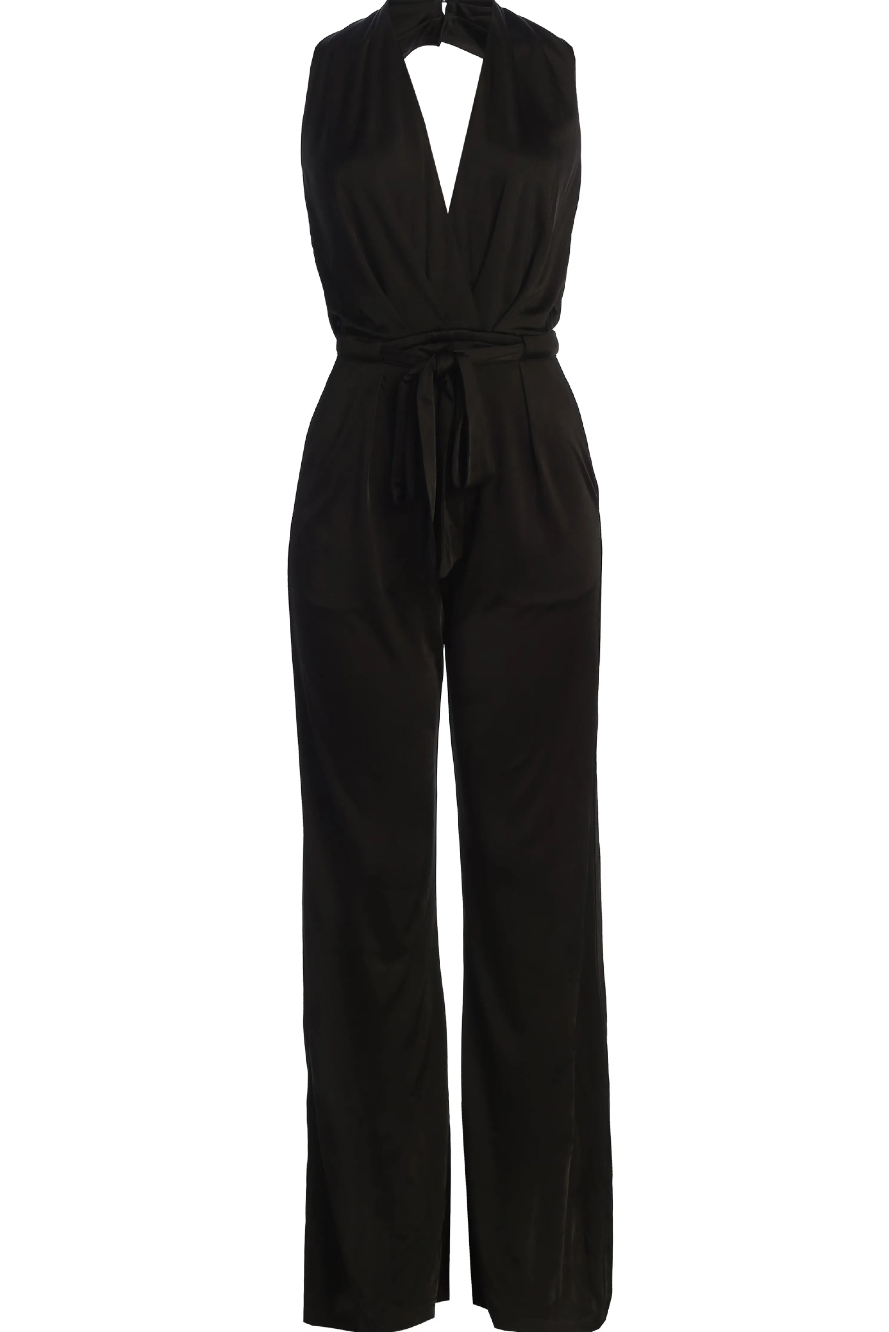 Black Slinky Halter Belted Jumpsuit