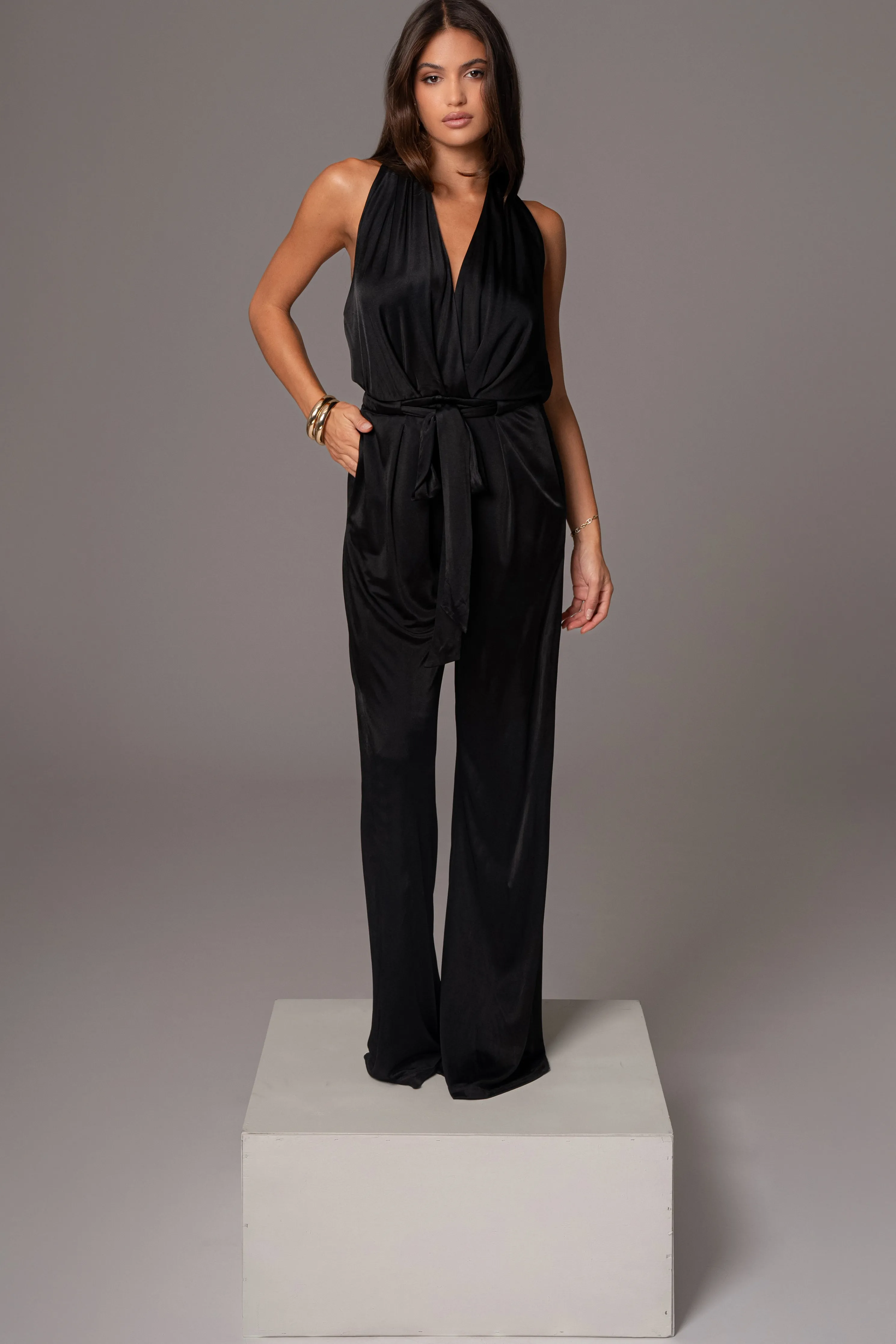 Black Slinky Halter Belted Jumpsuit