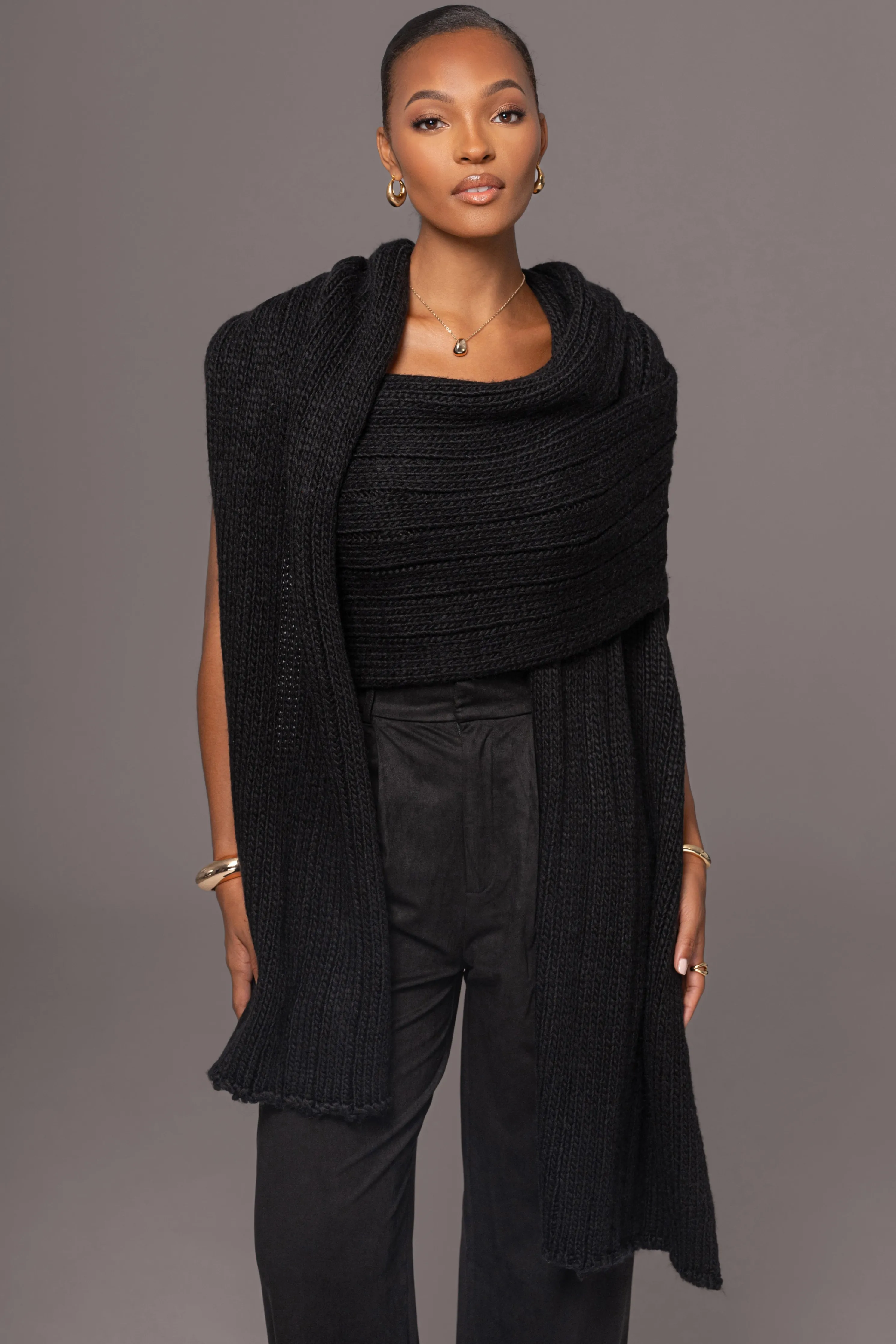 Black Soft Life Cable Knit Sweater Top