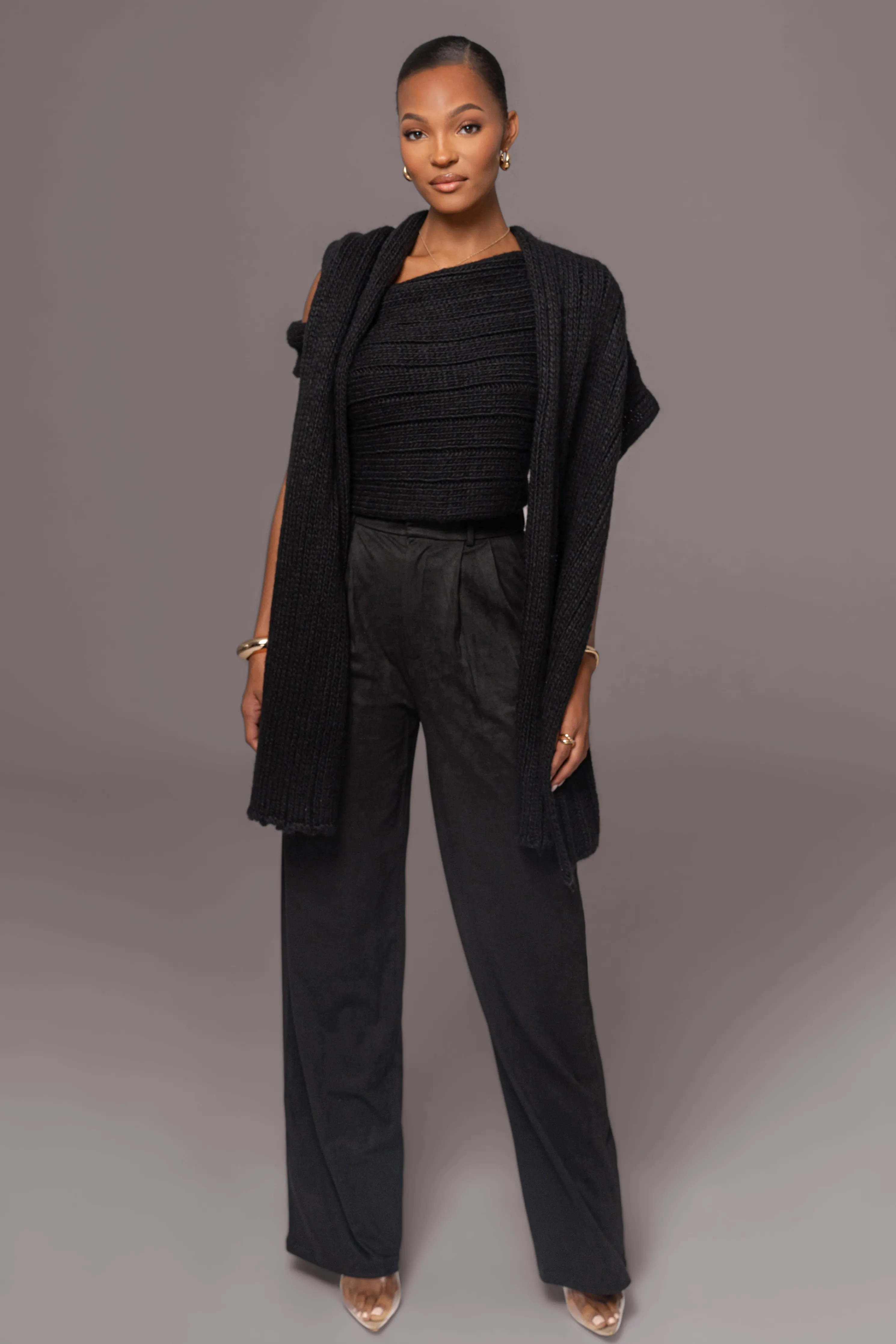 Black Soft Life Cable Knit Sweater Top