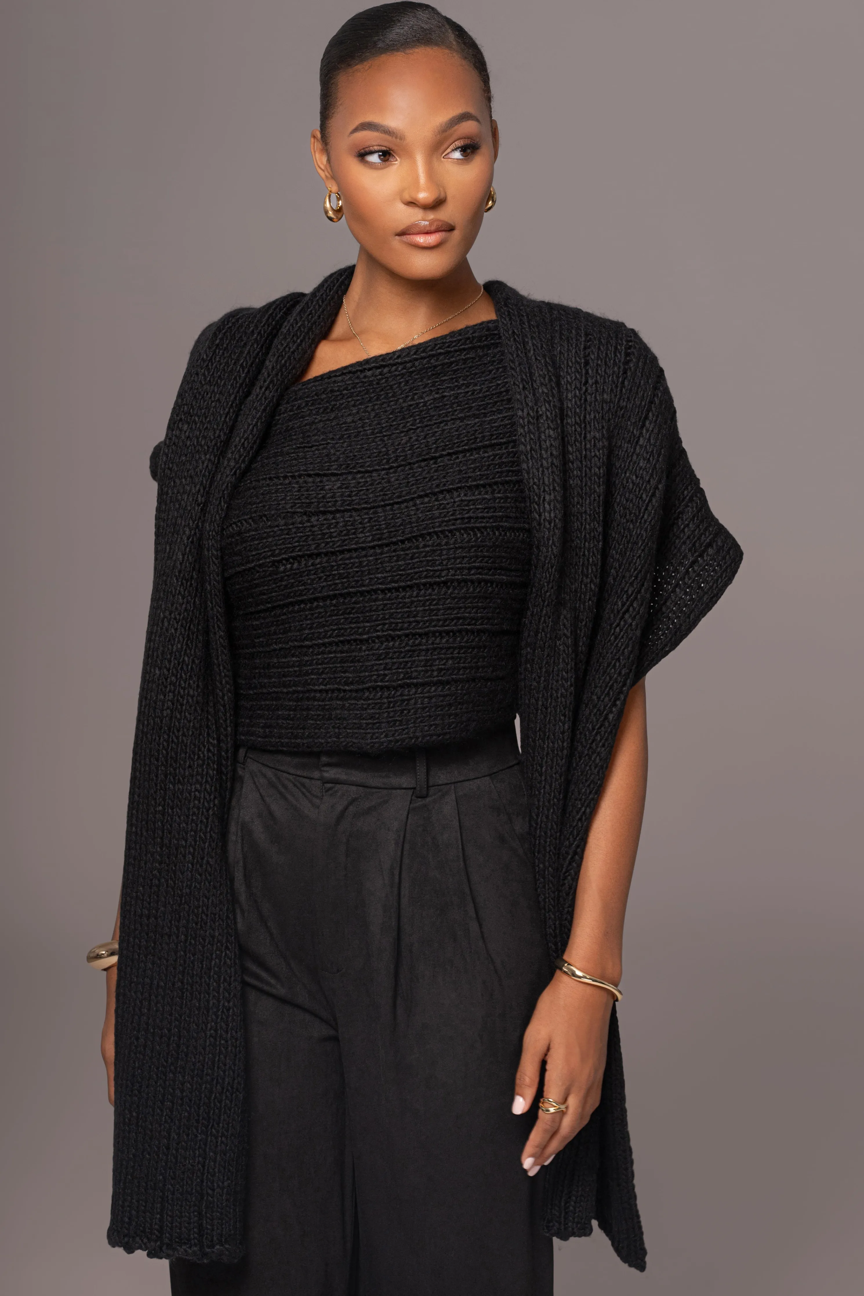 Black Soft Life Cable Knit Sweater Top