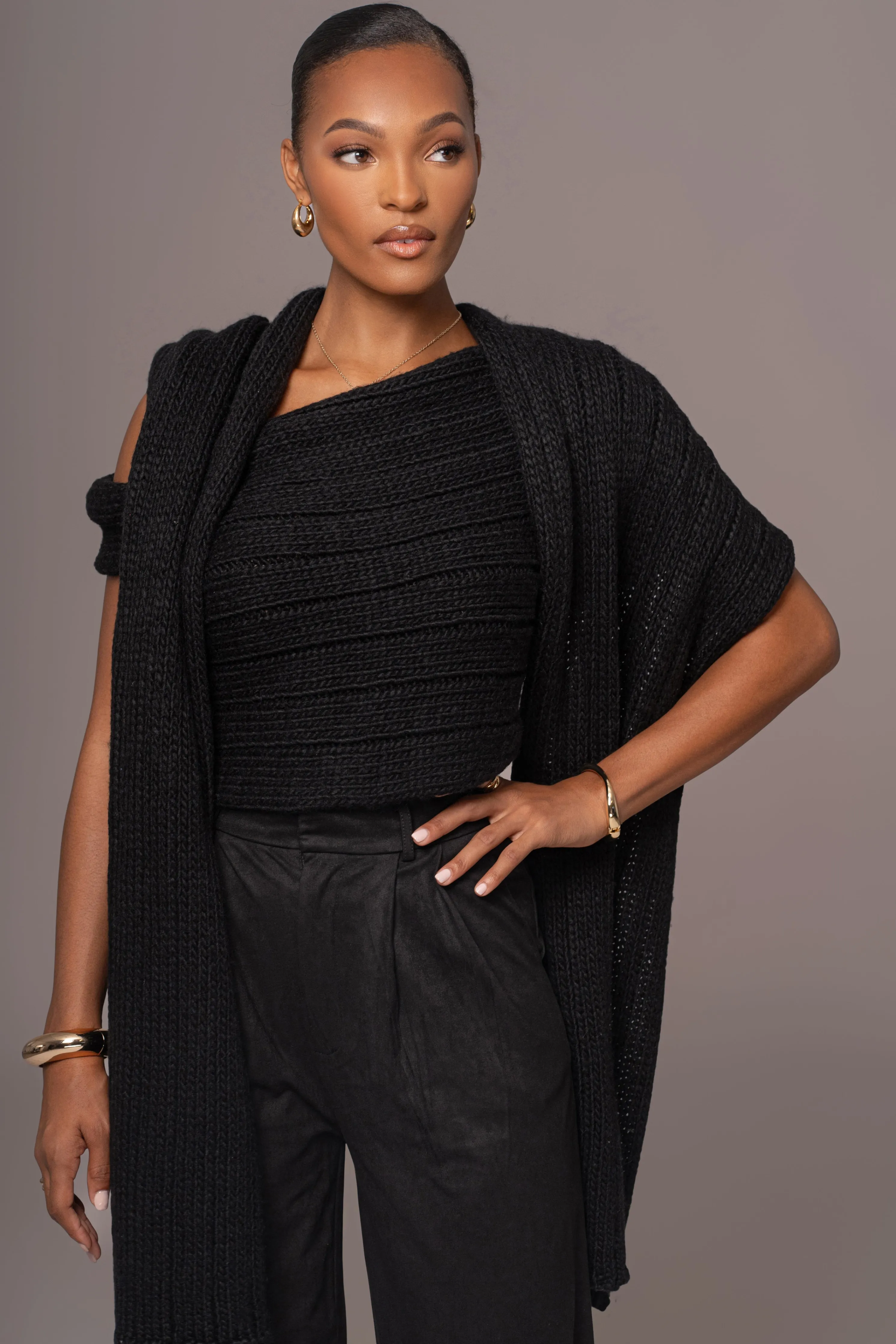 Black Soft Life Cable Knit Sweater Top