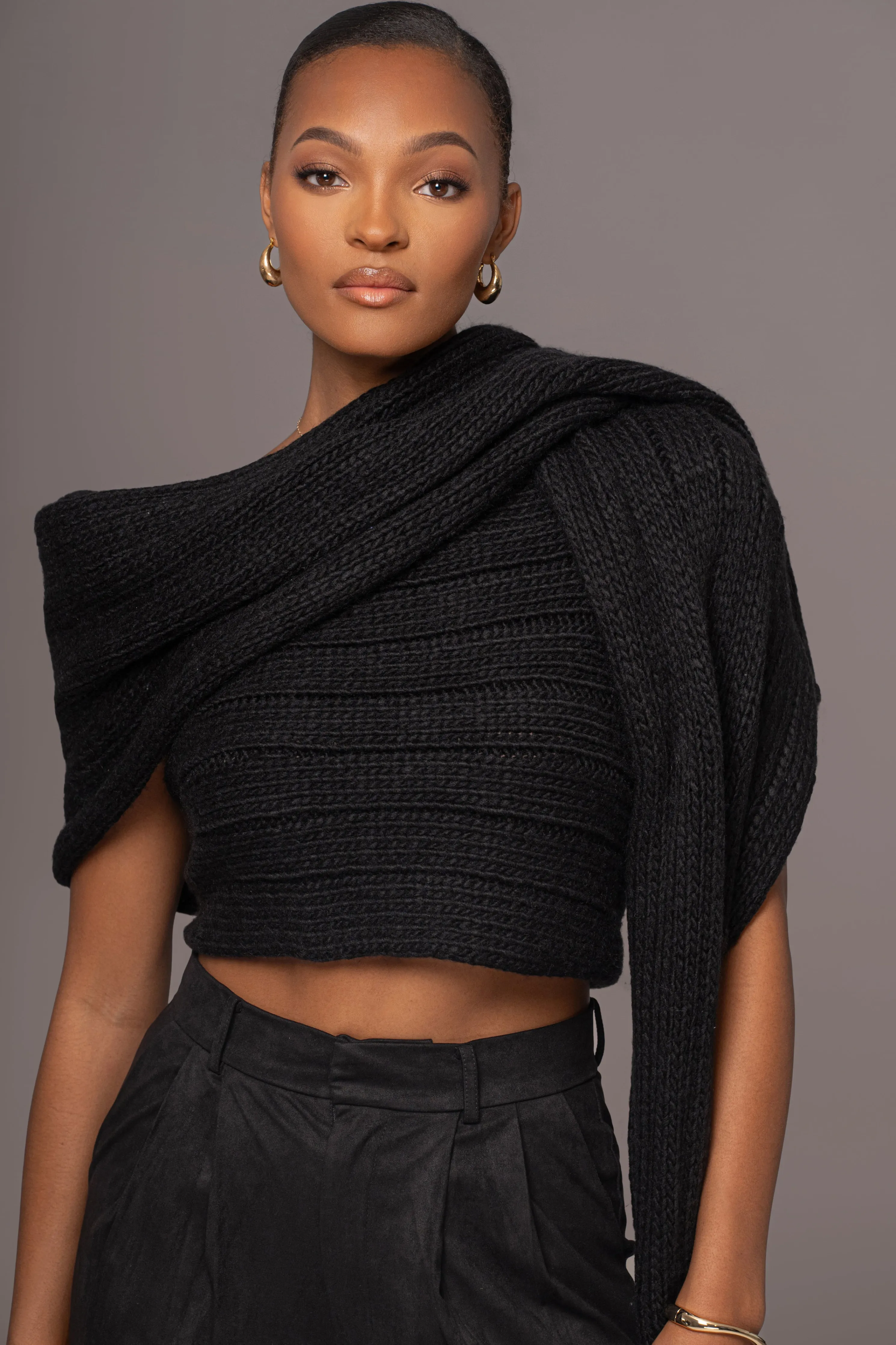 Black Soft Life Cable Knit Sweater Top