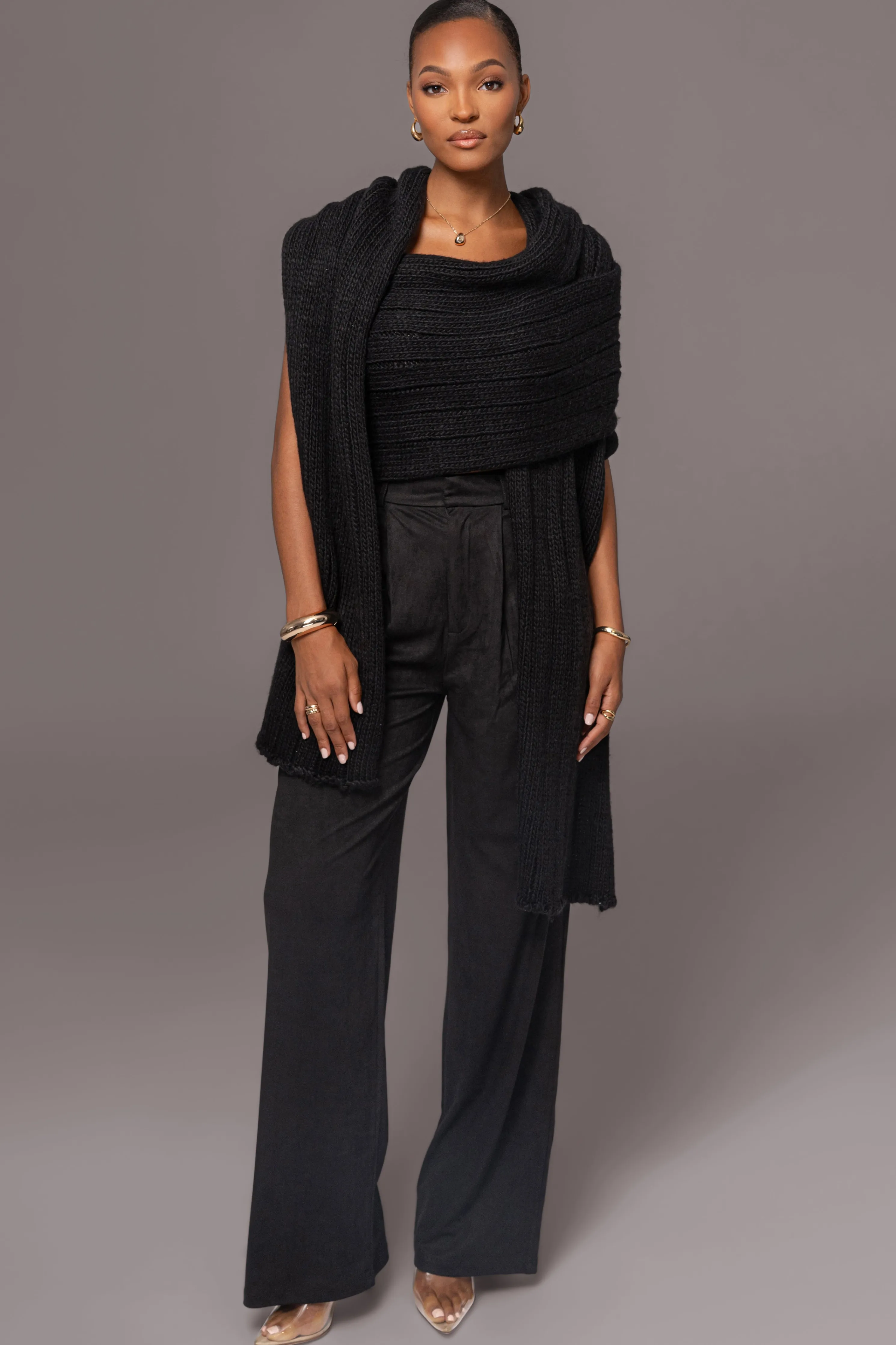 Black Soft Life Cable Knit Sweater Top