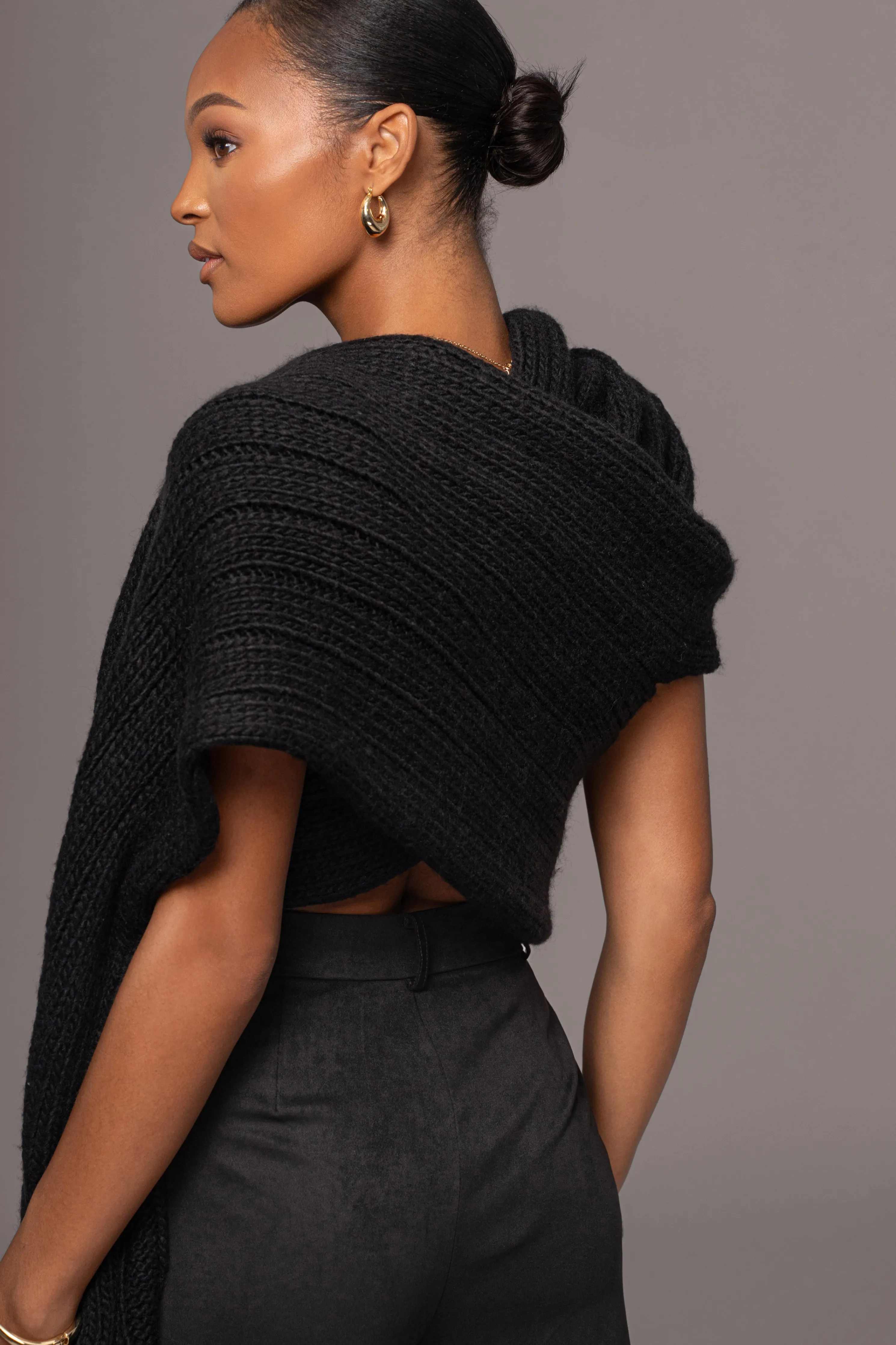 Black Soft Life Cable Knit Sweater Top